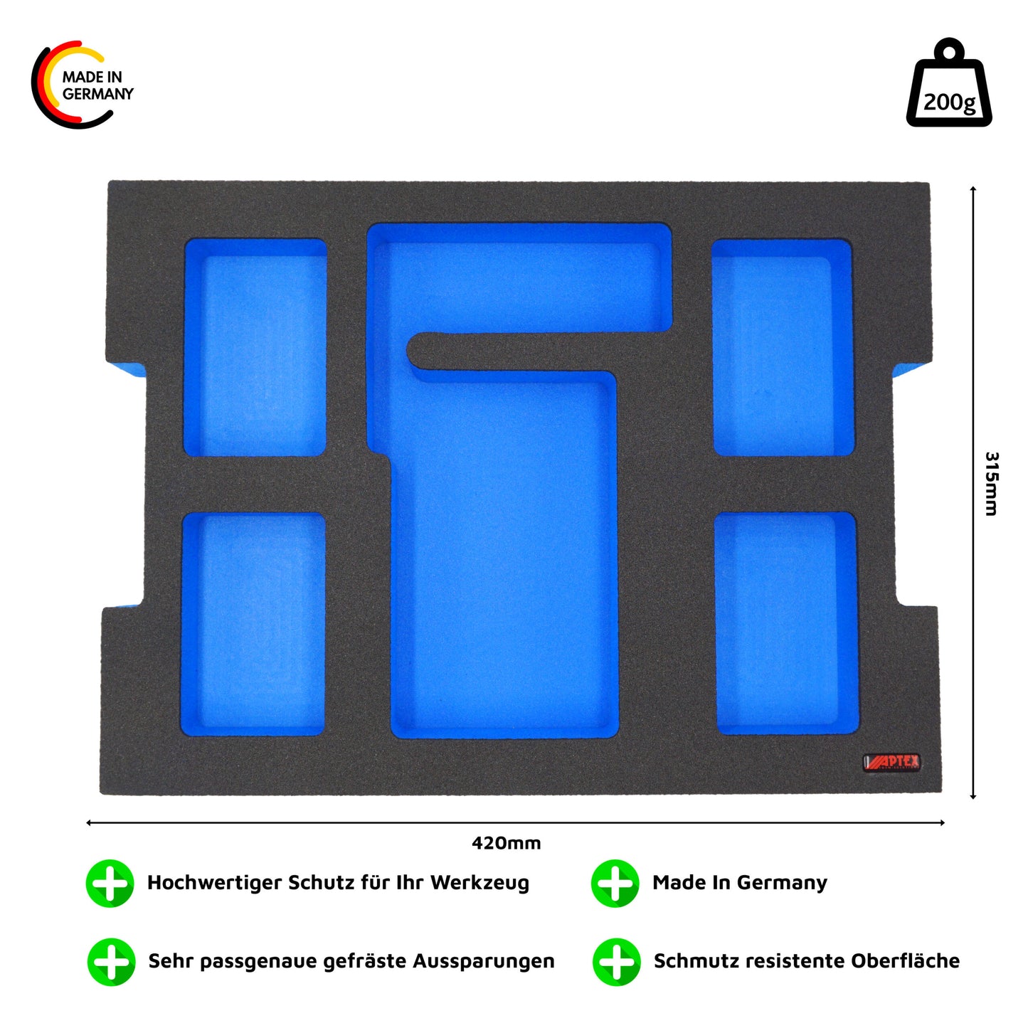 Schaumeinlage für Bosch Ladegerät GAL 18V-40 und 4x Akkus 18V ProCore 4Ah für neue Bosch L-Boxx 102 und 136.
