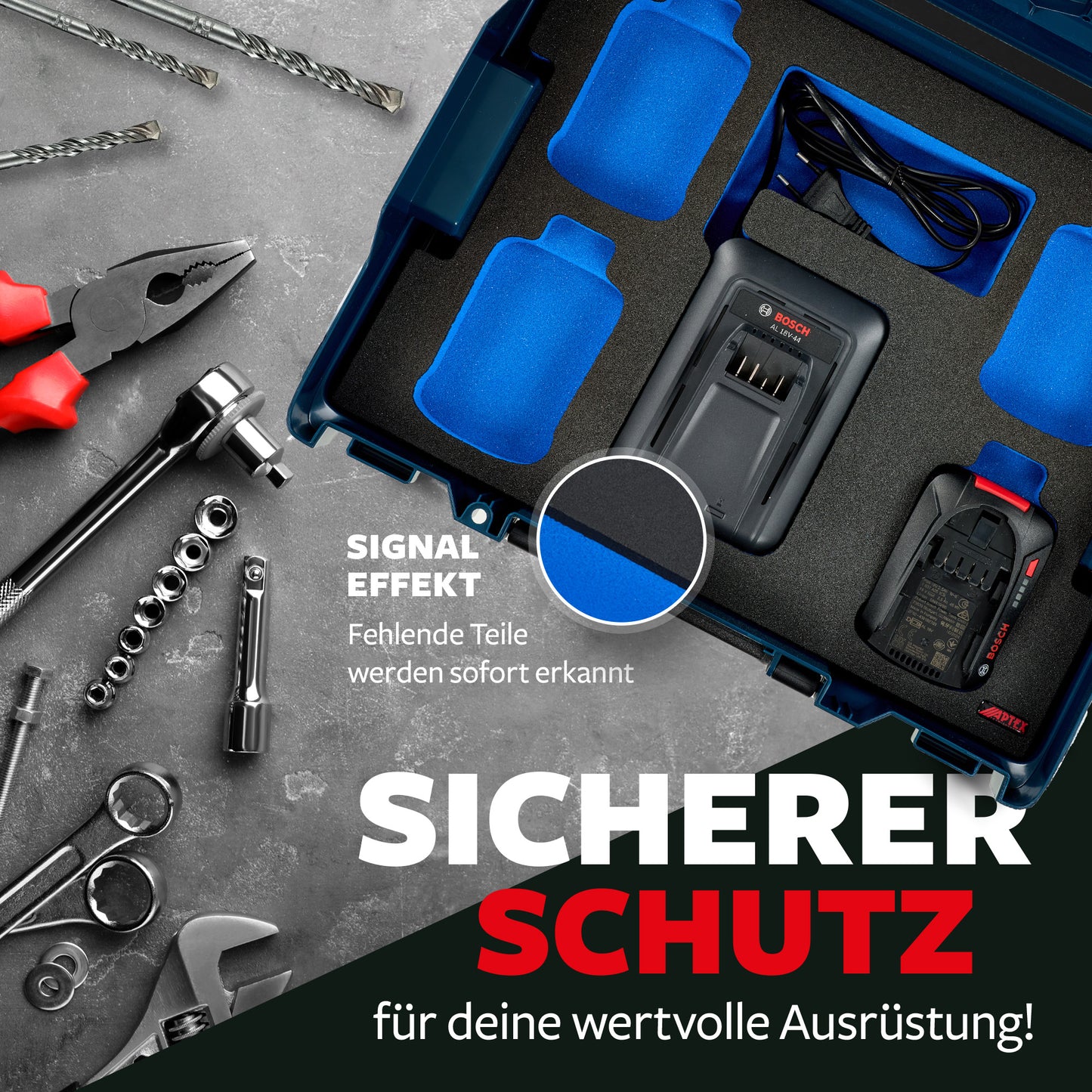 Schaumeinlage Bosch Ladegerät AL 18V-44 + 4x Akkus PBA 2.5Ah für neue Bosch L-Boxx 136.