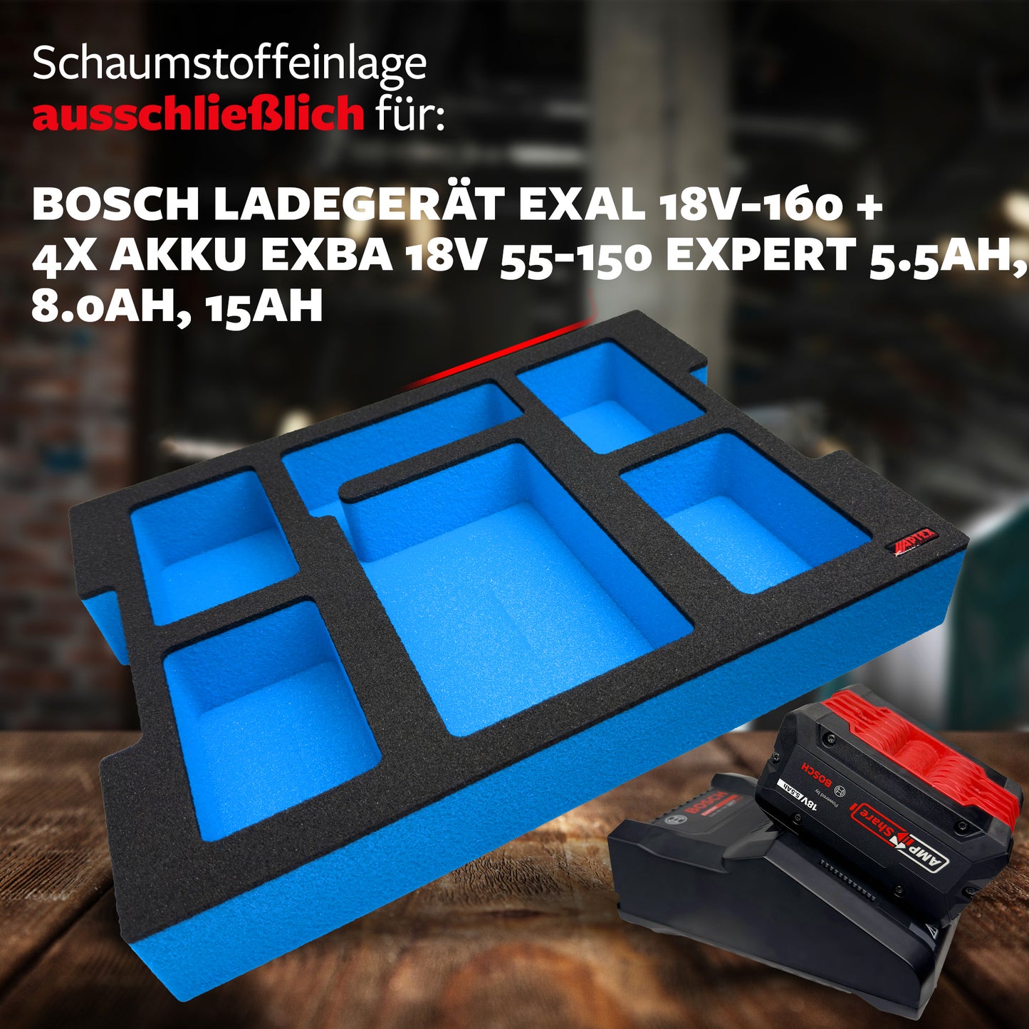 APTEX Bosch 18V-160 + Expert Akkus 18V Einlage für L-Boxx 136 – Akkus + Ladegerät Schaumeinlage – Made in Germany