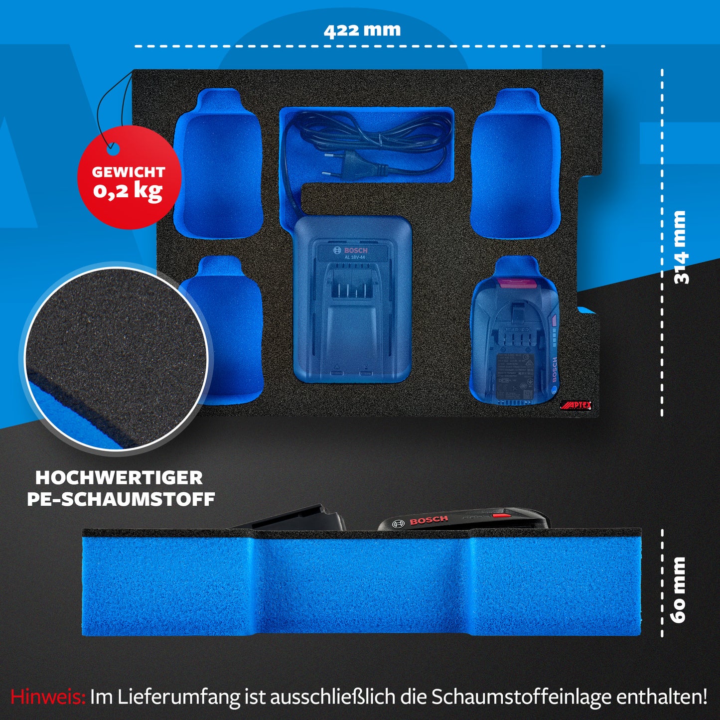 Schaumeinlage Bosch Ladegerät AL 18V-44 + 4x Akkus PBA 2.5Ah für neue Bosch L-Boxx 136.