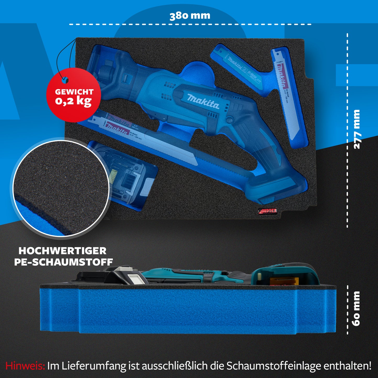 Schaumeinlage für Makita Akku- Reciprosäge DJR 183 für MakPac Gr. 2-3.
