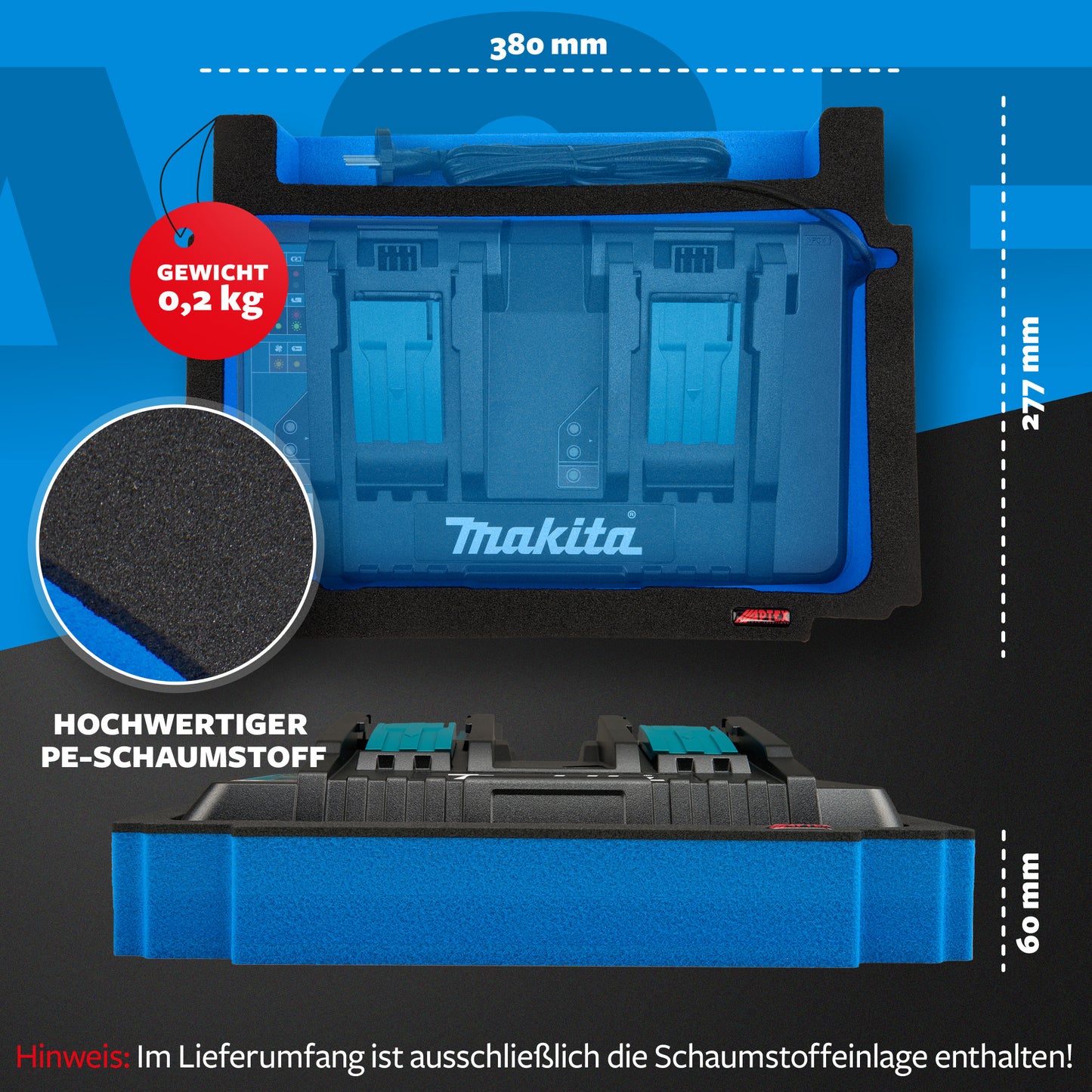 Schaumeinlage für Makita Akku-Doppelladegerät DC18RD für MakPac Gr. 2-3.