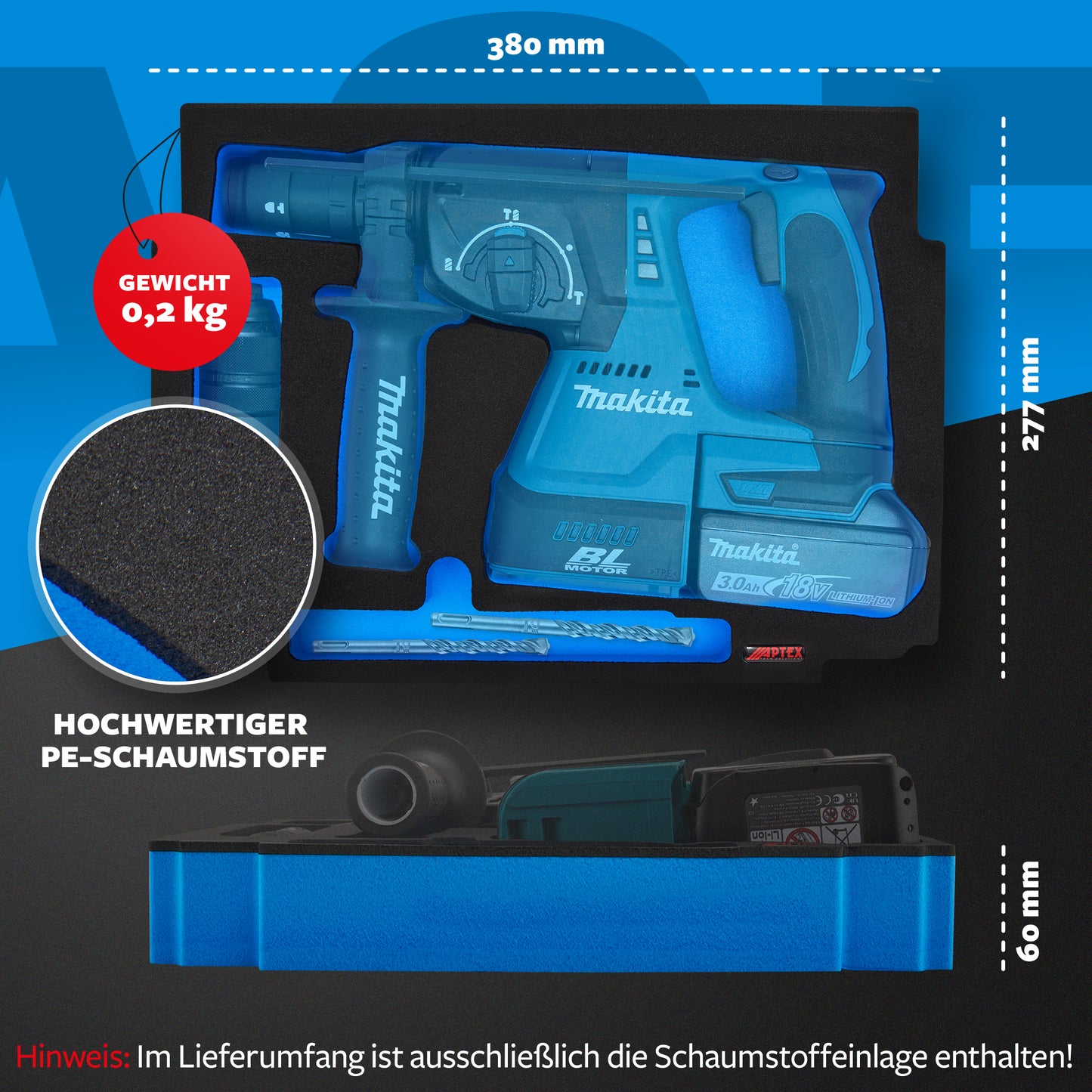 Schaumeinlage für den Makita Akku-Bohrhammer DHR 243 für MakPac Gr. 2-3 - APTEX