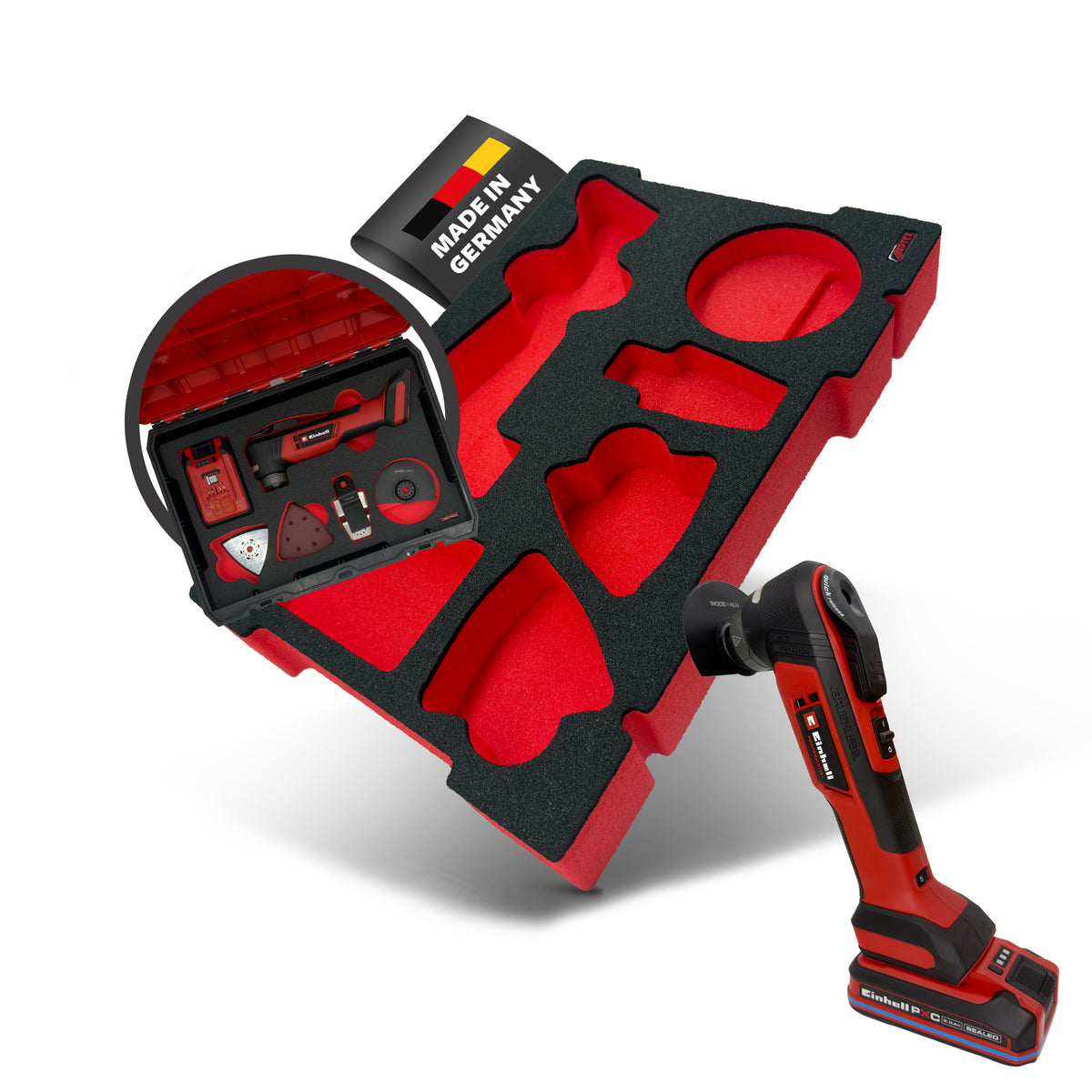 APTEX Einhell Akku-Multifunktionswerkzeug TP-MG 18 Li BL Einlage – Multitool Schaumeinlage – Made in Germany