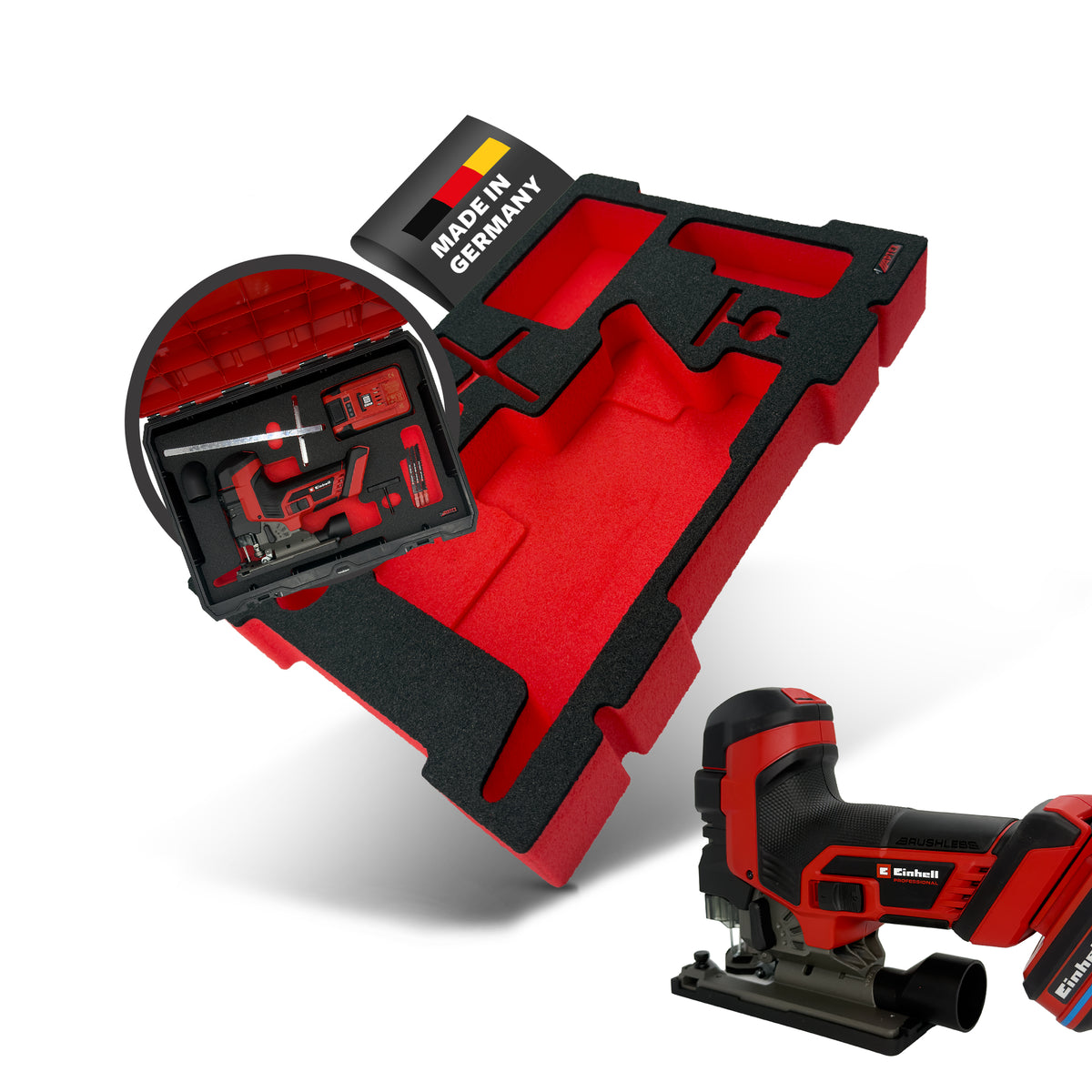 APTEX Einhell Akku-Stichsäge TP-JST 18/135 Li BL Einlage – Stichsäge Schaumeinlage – Made in Germany