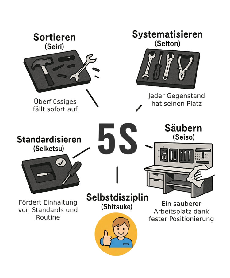 AI-generiertes Bild: Infografik zum 5S-Prozess mit Icons für Sortieren, Systematisieren, Säubern, Standardisieren und Selbstdisziplin.
