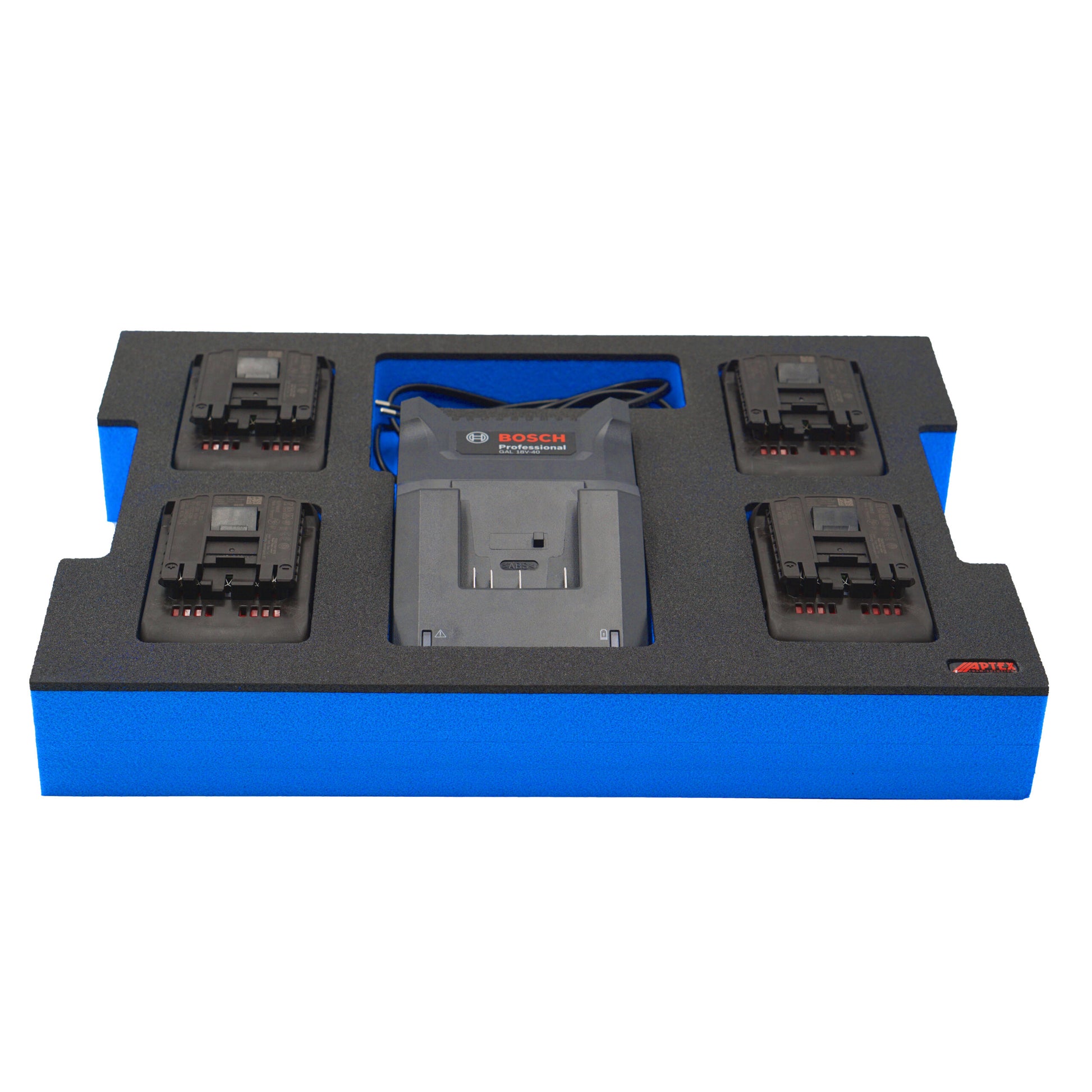 Schaumeinlage für Bosch Ladegerät GAL 18V-40 und 4x Akkus 18V ProCore 4Ah für neue Bosch L-Boxx 102 und 136.