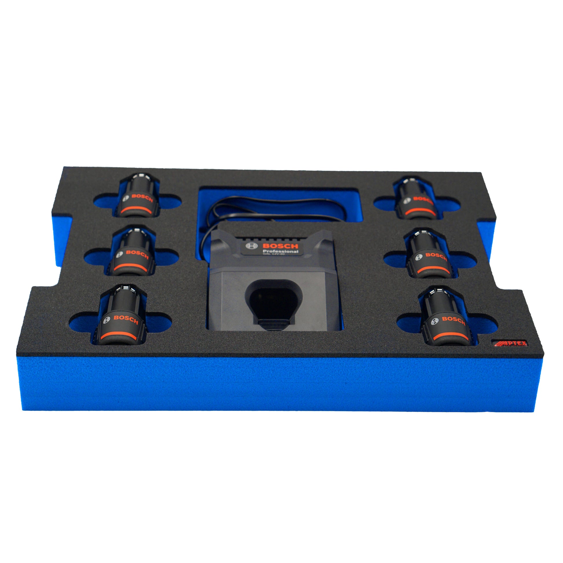 Schaumeinlage für Bosch Ladegerät GAL 12V-40 und 6x Akkus 12V GBA für neue Bosch L-Boxx 102 und 136.