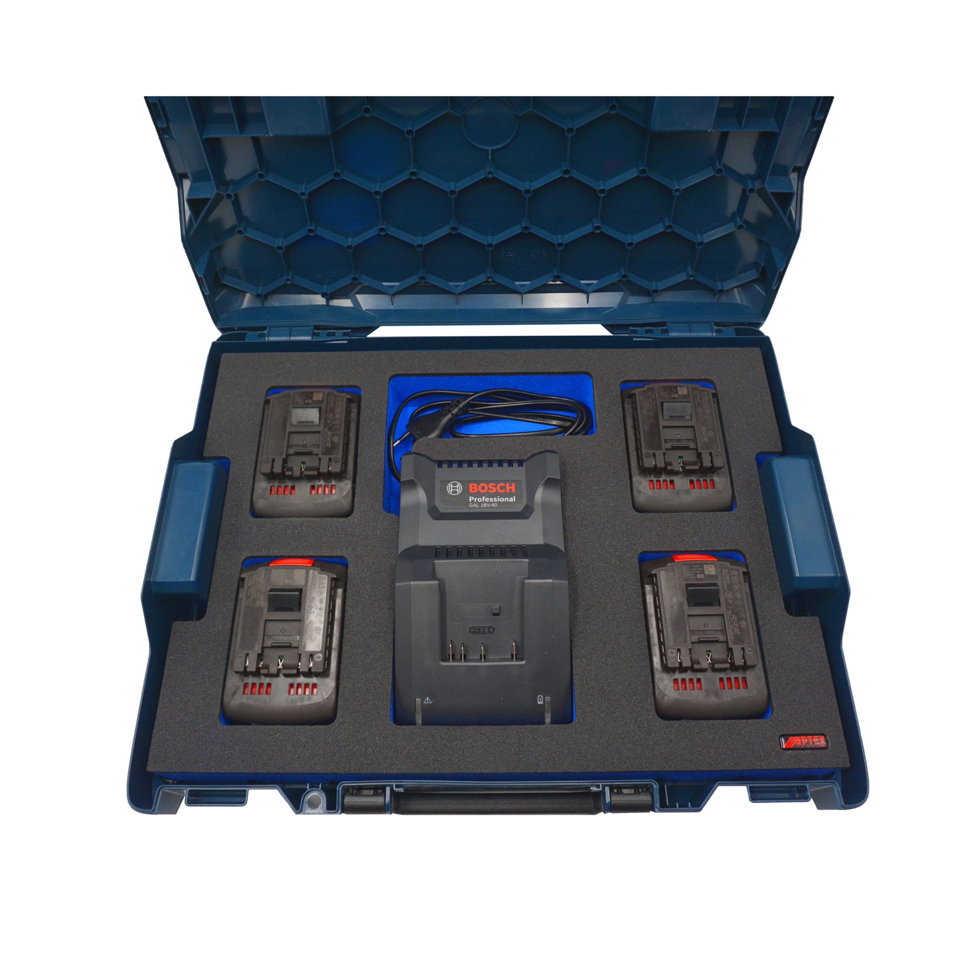 Schaumeinlage für Bosch Ladegerät GAL 18V-40 und 4x Akkus 18V ProCore 4Ah für neue Bosch L-Boxx 102 und 136.
