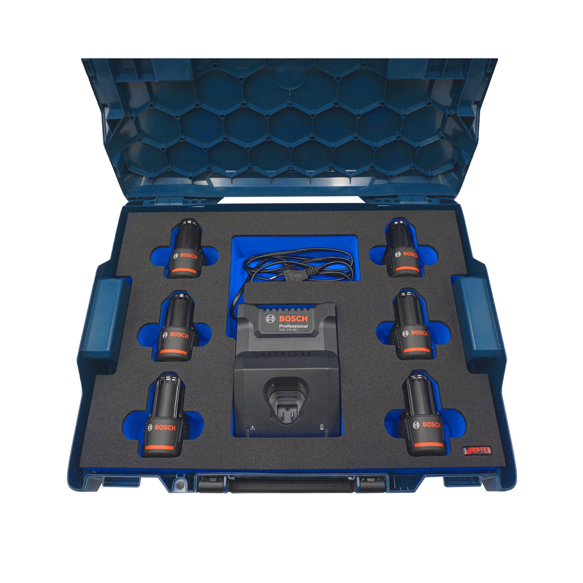 Schaumeinlage für Bosch Ladegerät GAL 12V-40 und 6x Akkus 12V GBA für neue Bosch L-Boxx 102 und 136.