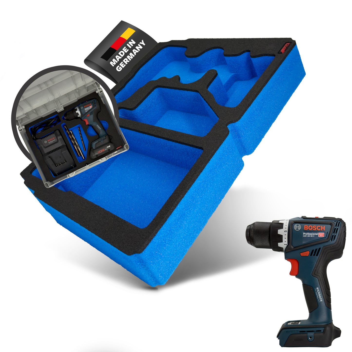 APTEX Bosch GSR 18V-90 C + Ladegerät GAL 18V-40 Einlage für Systainer³ M – Bohrschrauber Schaumeinlage - Made in Germany