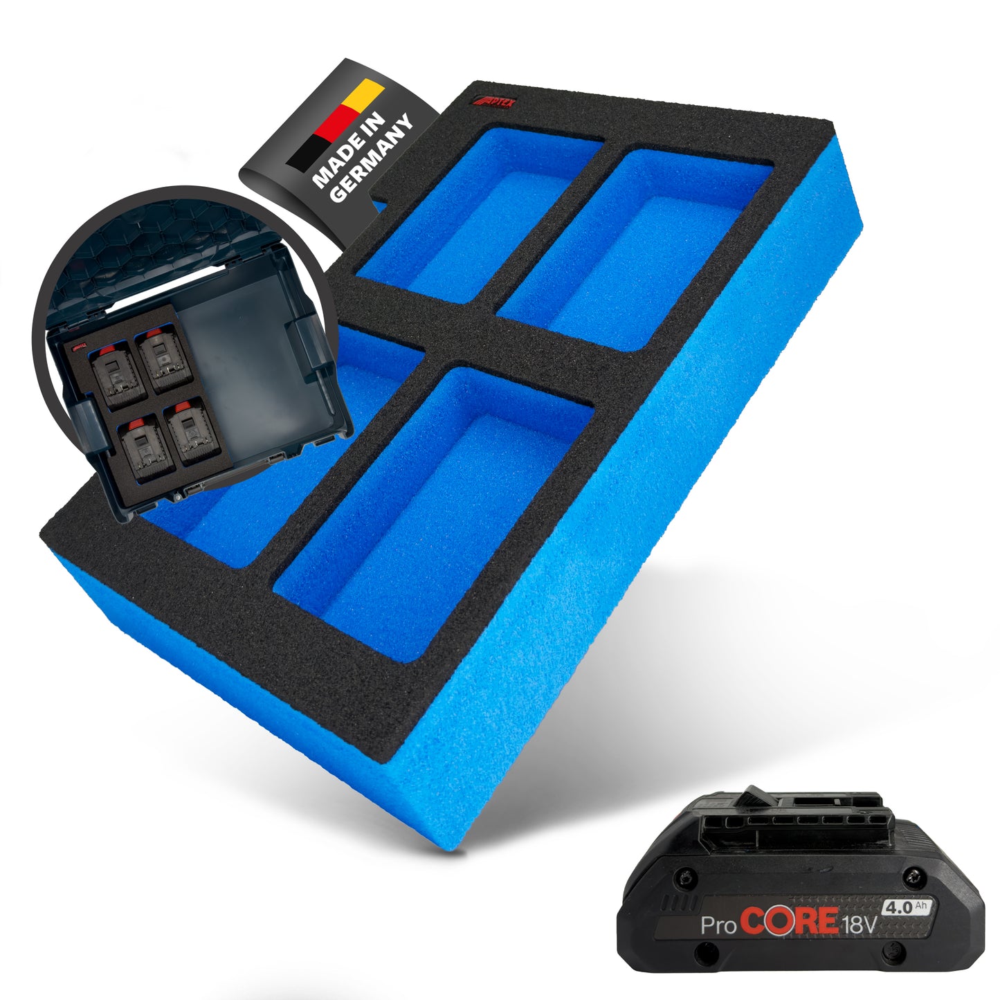 APTEX Bosch Akkus 18V ProCore 4.0Ah Einlage für Bosch L-Boxx – Schaumeinlage – Made in Germany