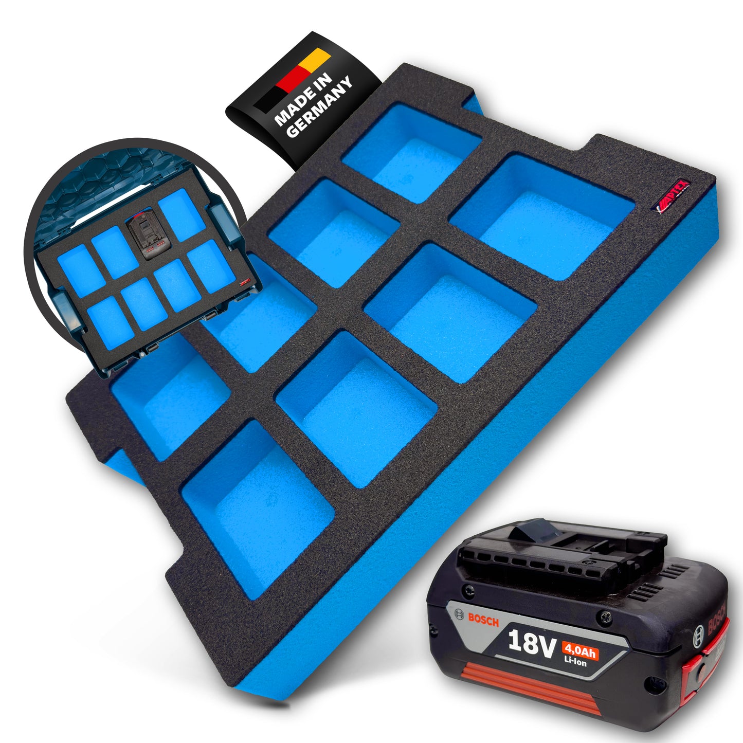 APTEX Bosch 8x GBA 18V Einlage für L-Boxx 102, 136 – Akku Schaumeinlage – Made in Germany
