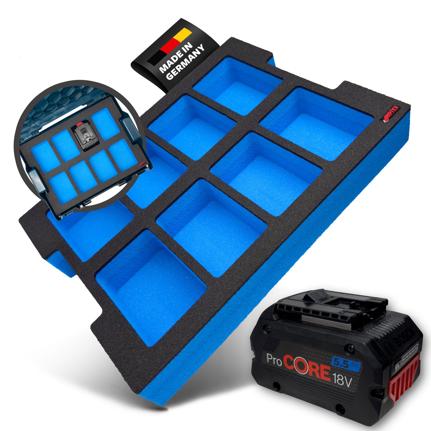 APTEX Bosch 8x ProCore 18V 5.5Ah, 8.0Ah, 12Ah Einlage für L-Boxx 136 – Akku Schaumeinlage – Made in Germany