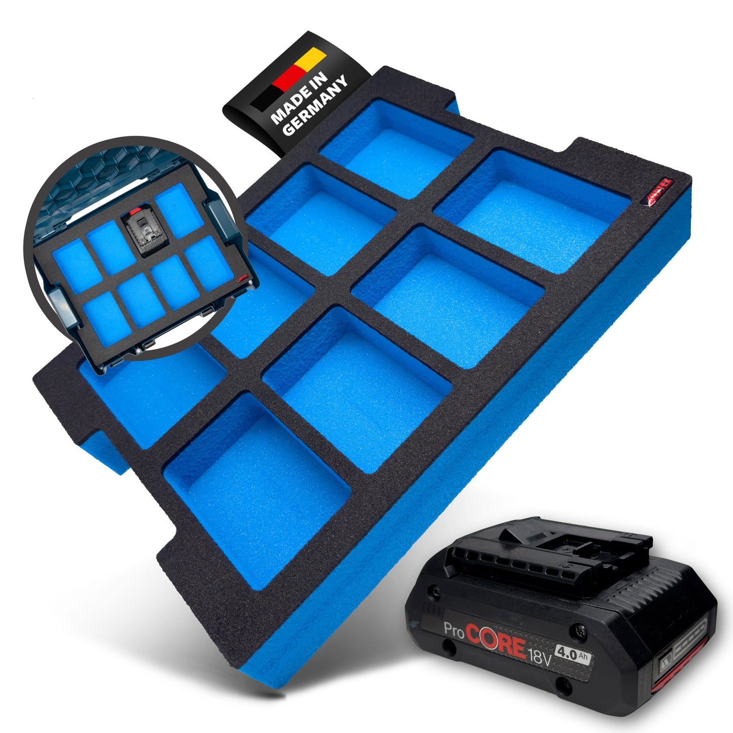 APTEX Bosch 8x ProCore 18V 4.0Ah Einlage für L-Boxx 102, 136 – Akku Schaumeinlage – Made in Germany
