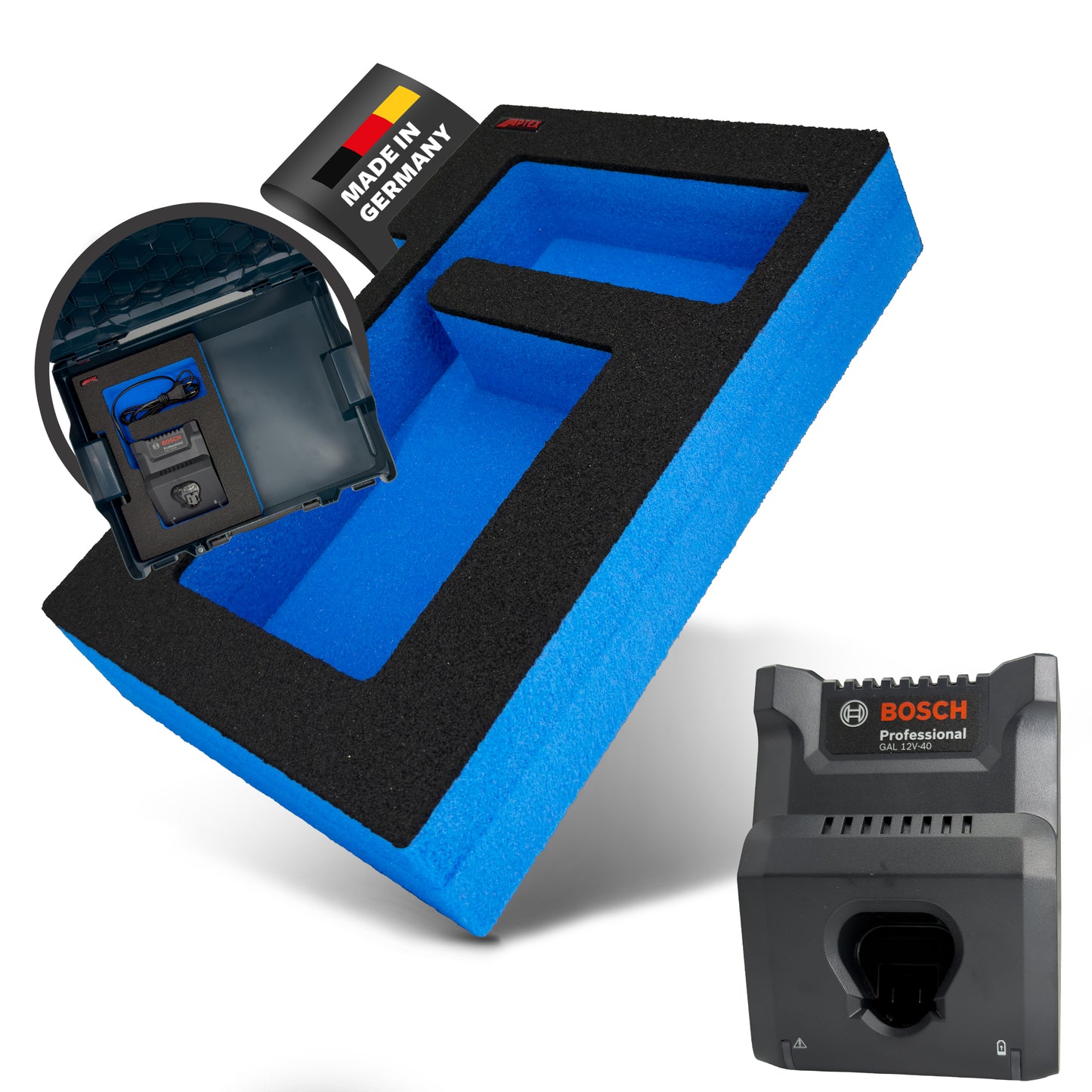 APTEX Bosch GAL 12V-40 Einlage für Bosch L-Boxx – Ladegerät Schaumeinlage – Made in Germany