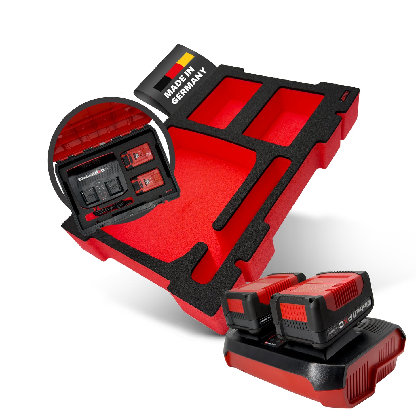 APTEX Einhell Doppelladegerät PXC 3.0A Einlage für E-Case S-F – 18V Akkus und Ladegrät Schaumeinlage – Made in Germany