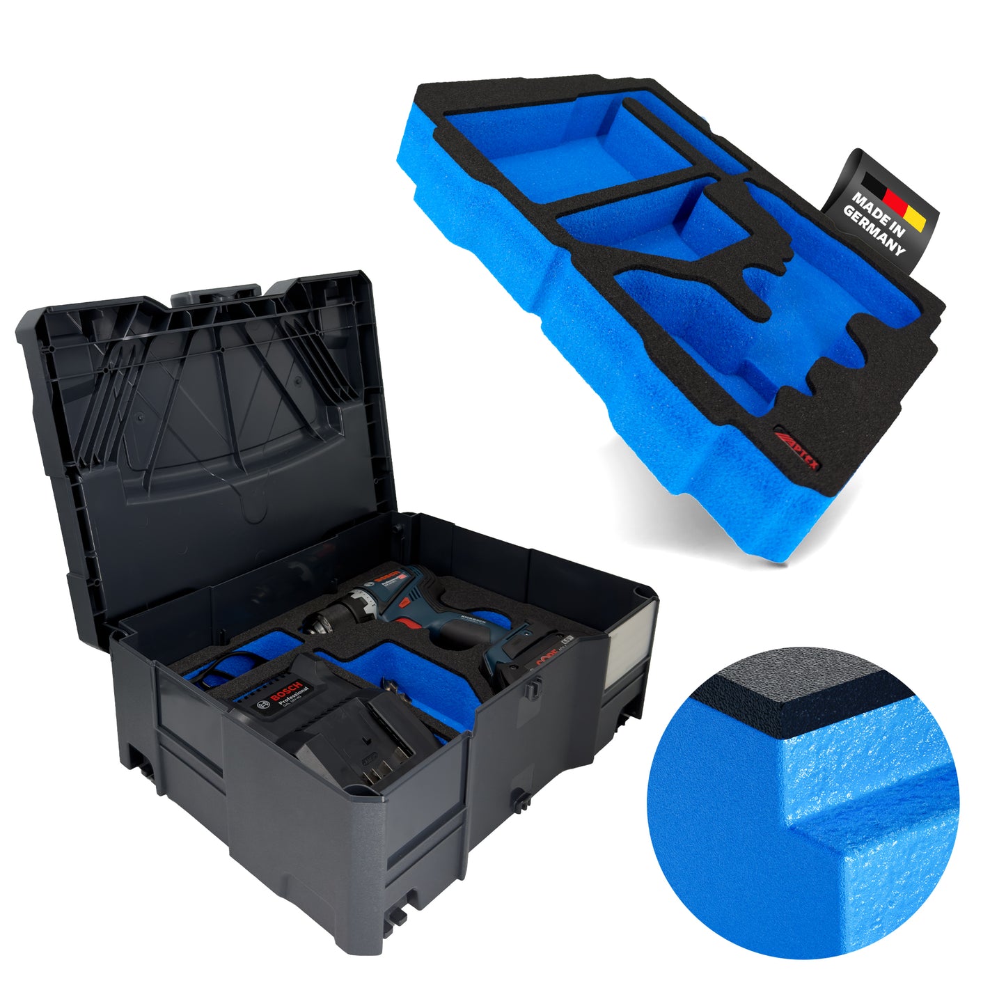 APTEX Bosch GSR 18V-90 C + Ladegerät GAL 18V-40 Einlage für Systainer T-Loc 2 – Bohrschrauber Schaumeinlage - Made in Germany