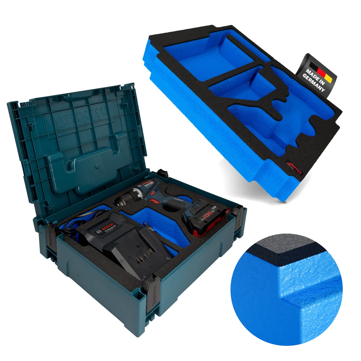 APTEX Bosch GSR 18V-90 C + Ladegerät GAL 18V-40 Einlage für MakPac – Bohrschrauber Schaumeinlage - Made in Germany