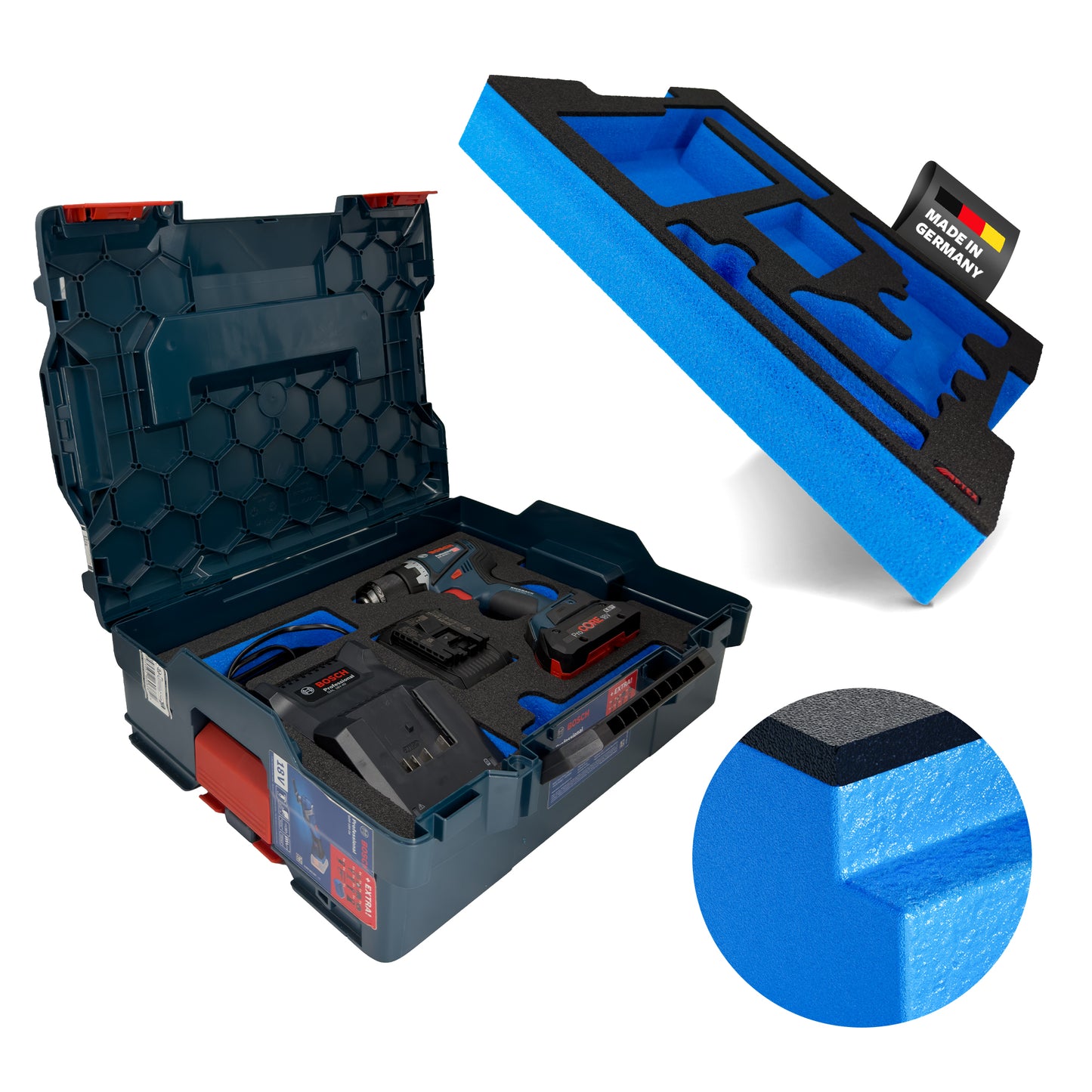 APTEX Bosch GSR 18V-90 C + Ladegerät GAL 18V-40 Einlage für L-Boxx 136 – Bohrschrauber Schaumeinlage - Made in Germany