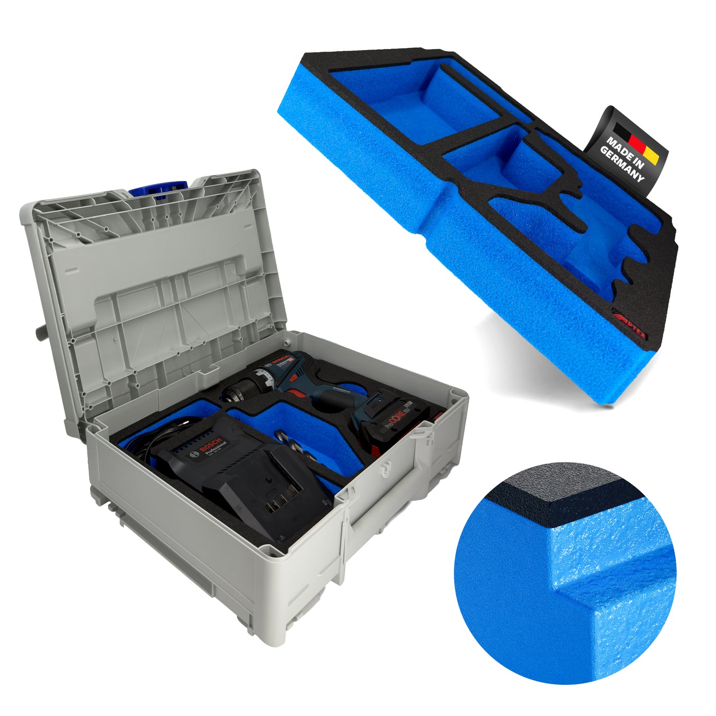 APTEX Bosch GSR 18V-90 C + Ladegerät GAL 18V-40 Einlage für Systainer³ M – Bohrschrauber Schaumeinlage - Made in Germany