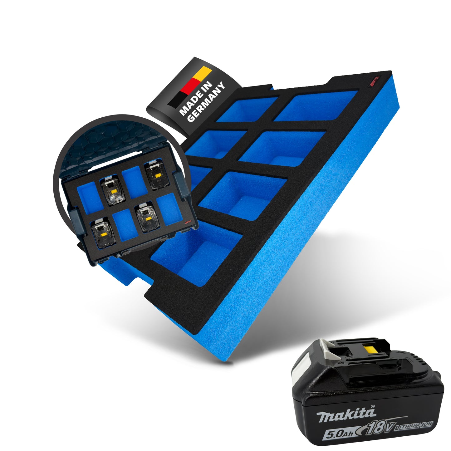 APTEX Makita Akku 18V Einlage für L-Boxx – Akku-Schaumeinlage – Made in Germany