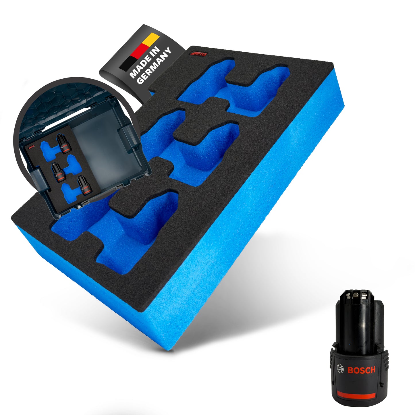 APTEX Bosch Akkus 12V 2Ah-3Ah Einlage für Bosch L-Boxx – Schaumeinlage – Made in Germany