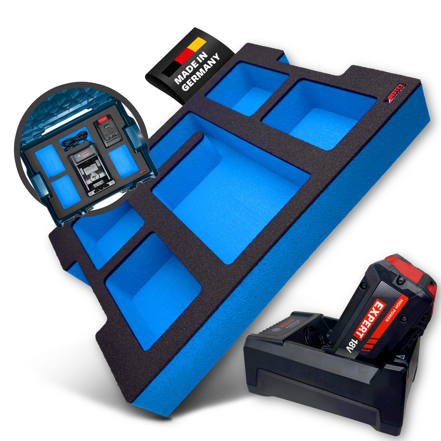 APTEX Bosch GAL 12V/18V-80 + Expert Akkus 18V Einlage für L-Boxx 136 – Akkus + Ladegerät Schaumeinlage – Made in Germany