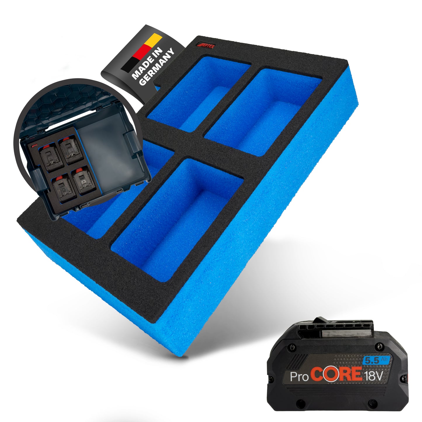 APTEX Bosch Akkus 18V ProCore 5.5Ah-12Ah Einlage für Bosch L-Boxx – Schaumeinlage – Made in Germany