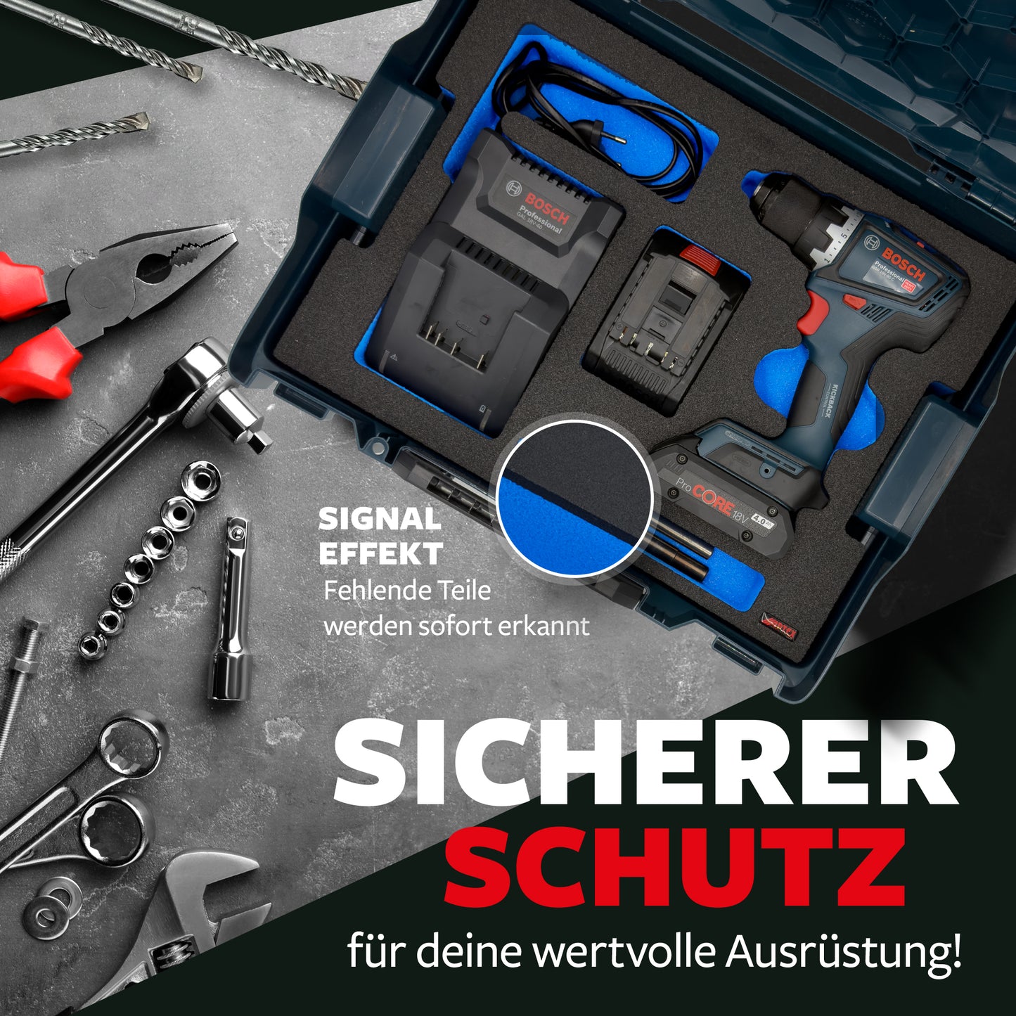 APTEX Bosch GSR 18V-90 C + Ladegerät GAL 18V-40 Einlage für L-Boxx 136 – Bohrschrauber Schaumeinlage - Made in Germany