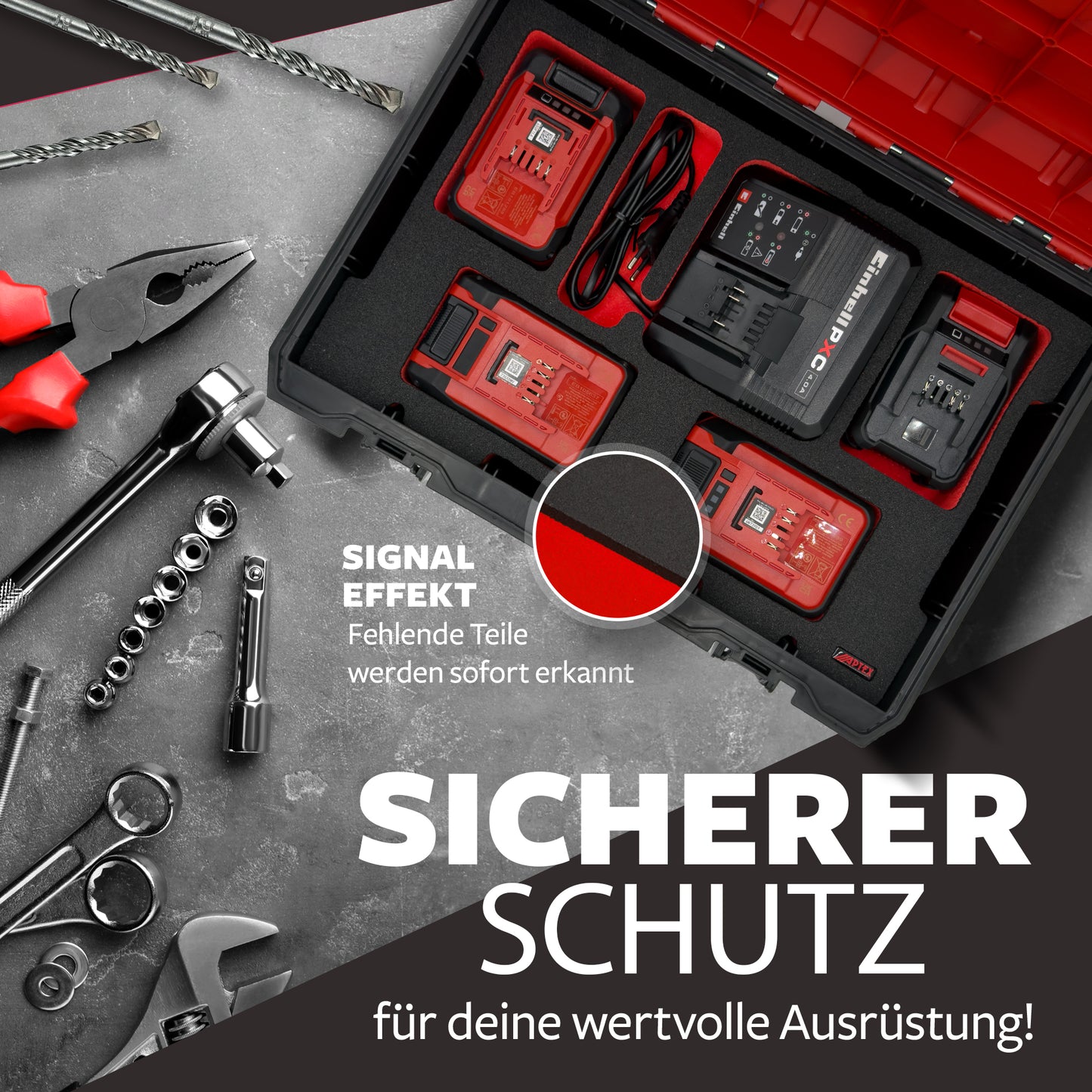 APTEX Einhell Schnellladegerät PXC 4.0A Einlage für E-Case S-F – 18V Akkus und Ladegrät Schaumeinlage – Made in Germany