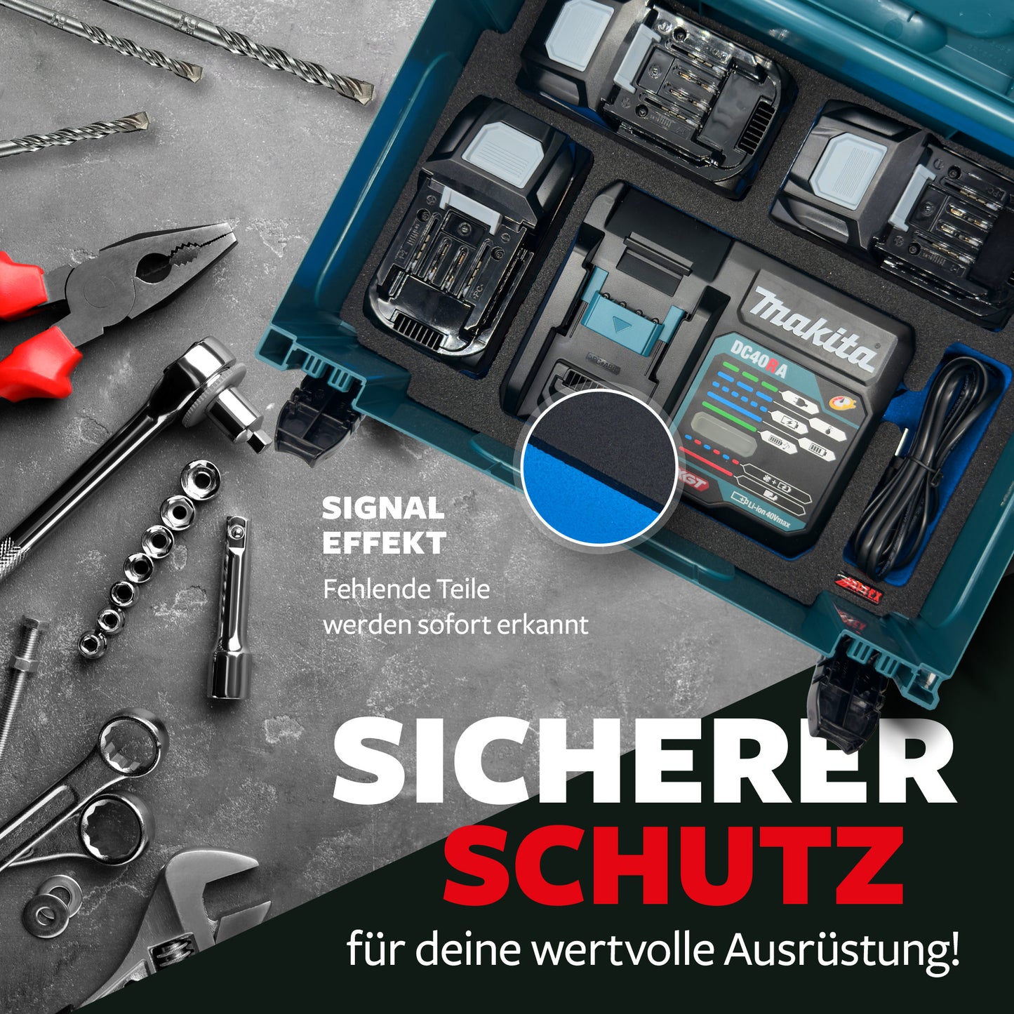 Schaumeinlage für Makita Akku-Ladegerät DC40RA + 3 Akkus 40V XGT 5Ah für MakPac Gr. 2-3