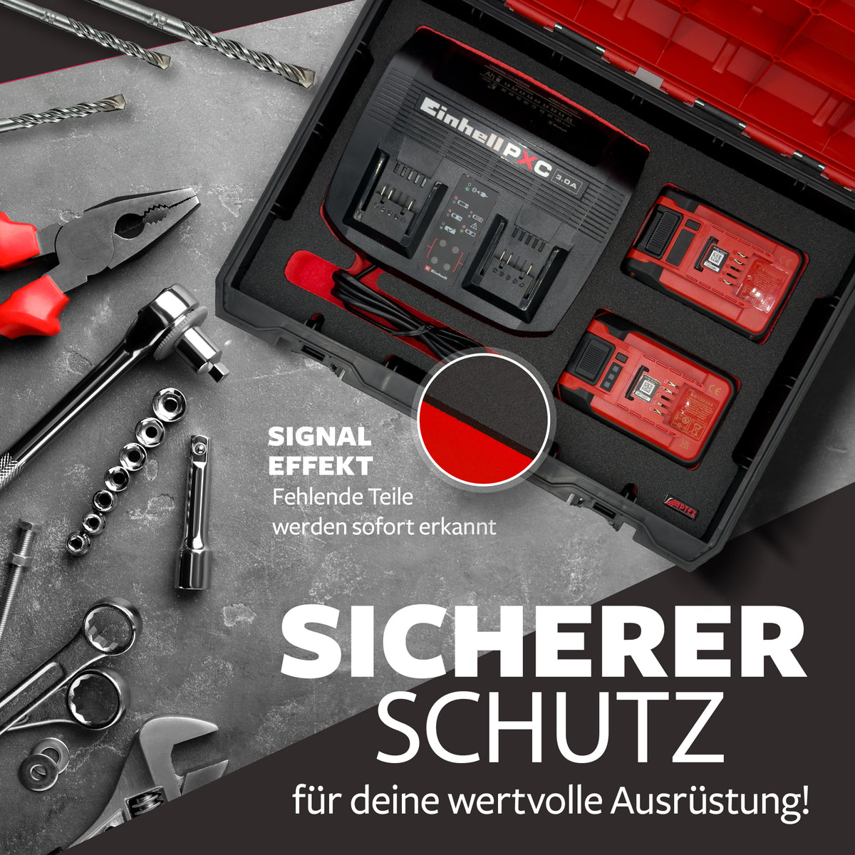 APTEX Einhell Doppelladegerät PXC 3.0A Einlage für E-Case S-F – 18V Akkus und Ladegrät Schaumeinlage – Made in Germany