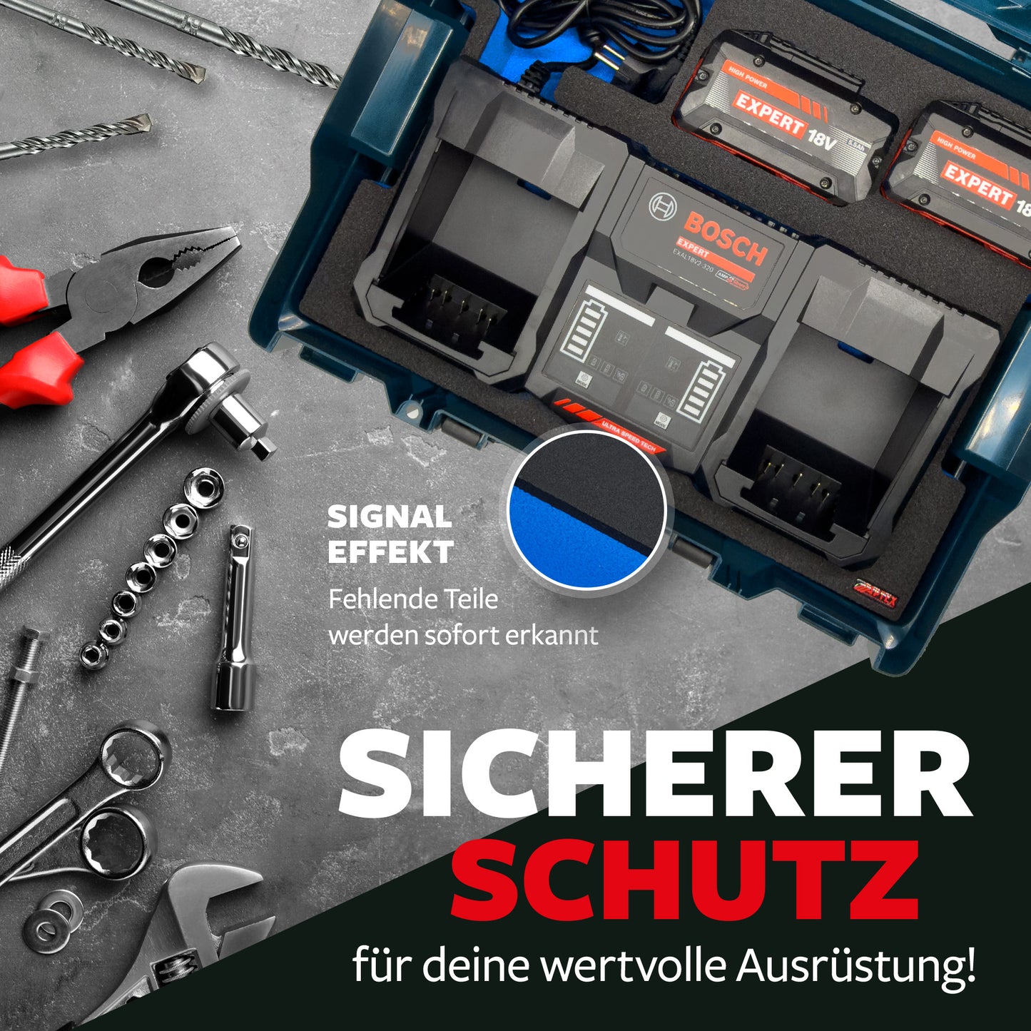 APTEX Bosch 18V2-320 + Expert Akkus 18V Einlage für L-Boxx 136 – Akkus + Doppelladegerät Schaumeinlage – Made in Germany