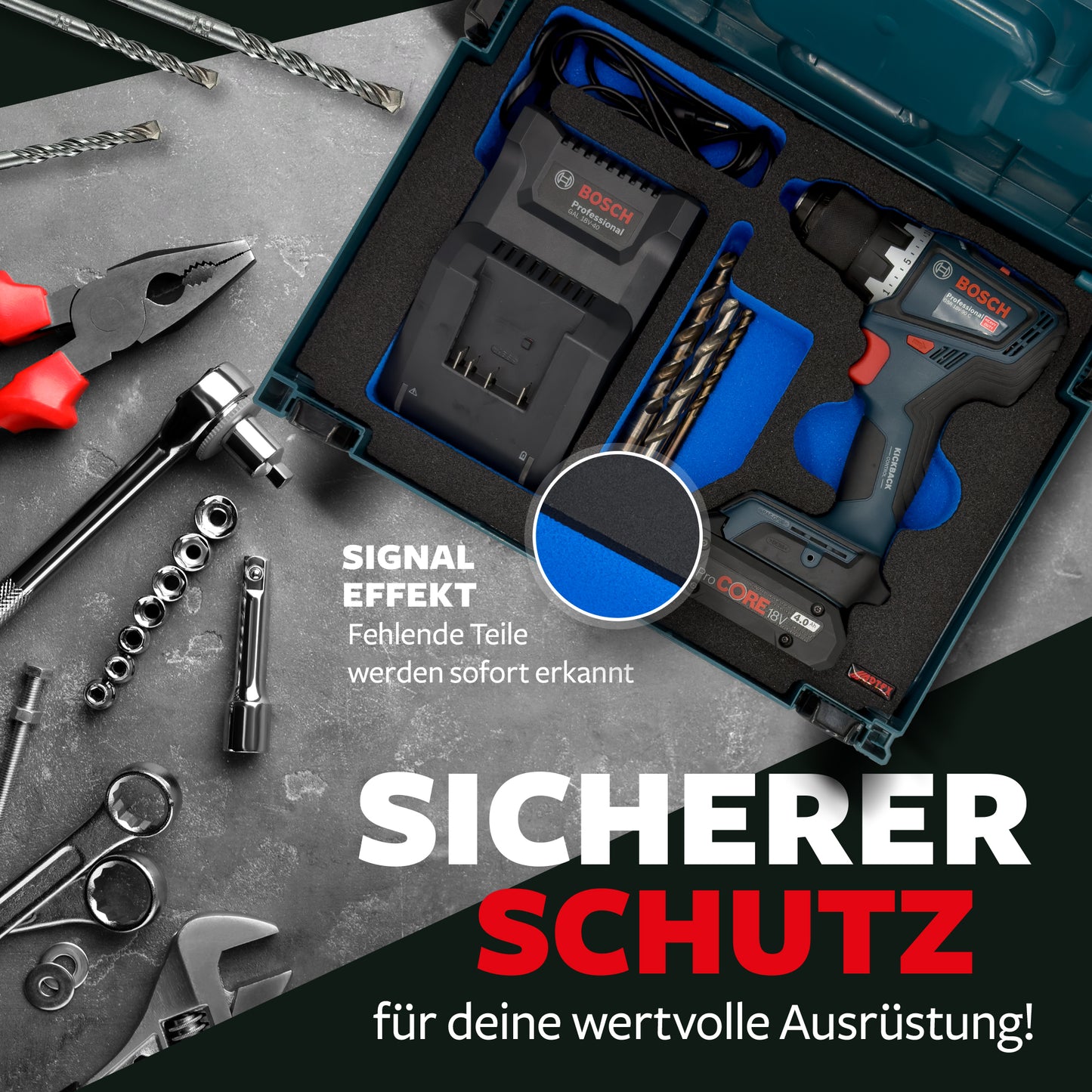 APTEX Bosch GSR 18V-90 C + Ladegerät GAL 18V-40 Einlage für MakPac – Bohrschrauber Schaumeinlage - Made in Germany