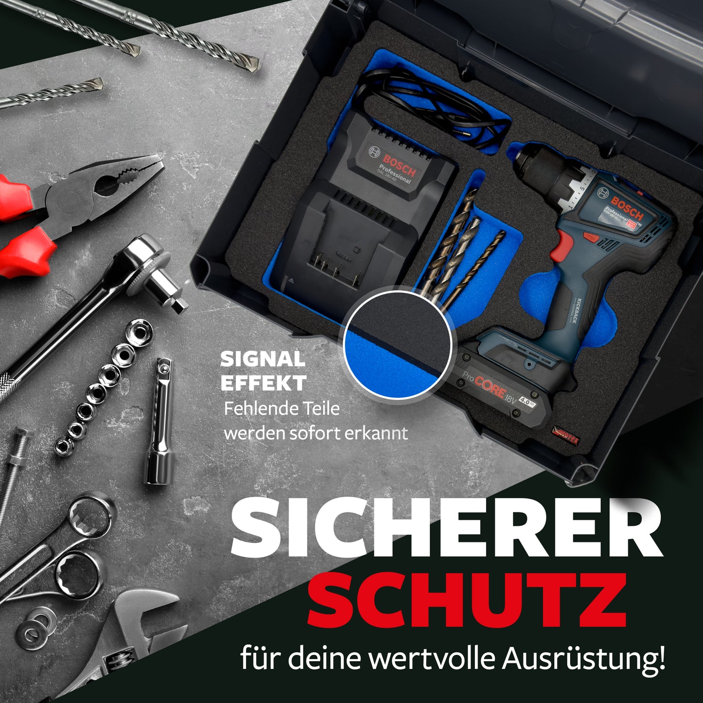 APTEX Bosch GSR 18V-90 C + Ladegerät GAL 18V-40 Einlage für Systainer T-Loc 2 – Bohrschrauber Schaumeinlage - Made in Germany
