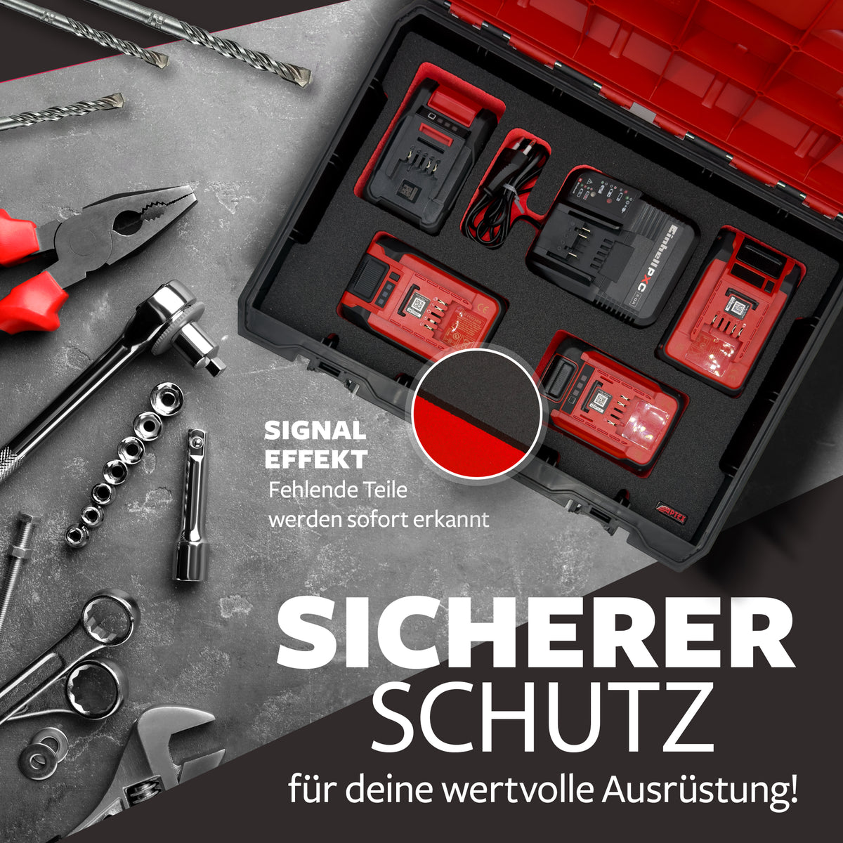 APTEX Einhell Ladegerät PXC 3.0A Einlage für E-Case S-F – 18V Akkus und Ladegrät Schaumeinlage – Made in Germany