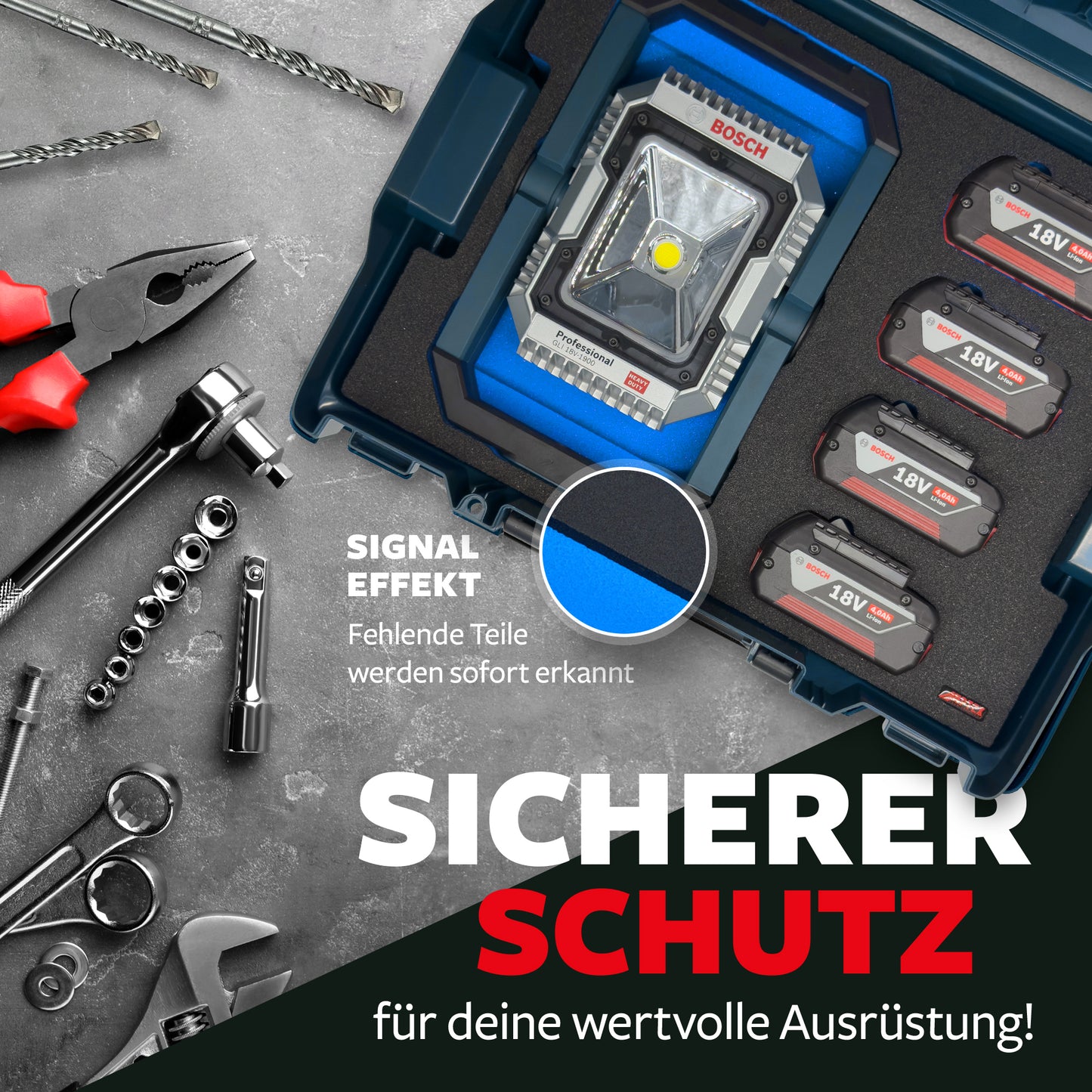 APTEX Bosch GLI 18V-1900 + Akkus 18V GBA Einlage für L-Boxx 136 – Akku-Arbeitsleuchte Schaumeinlage – Made in Germany