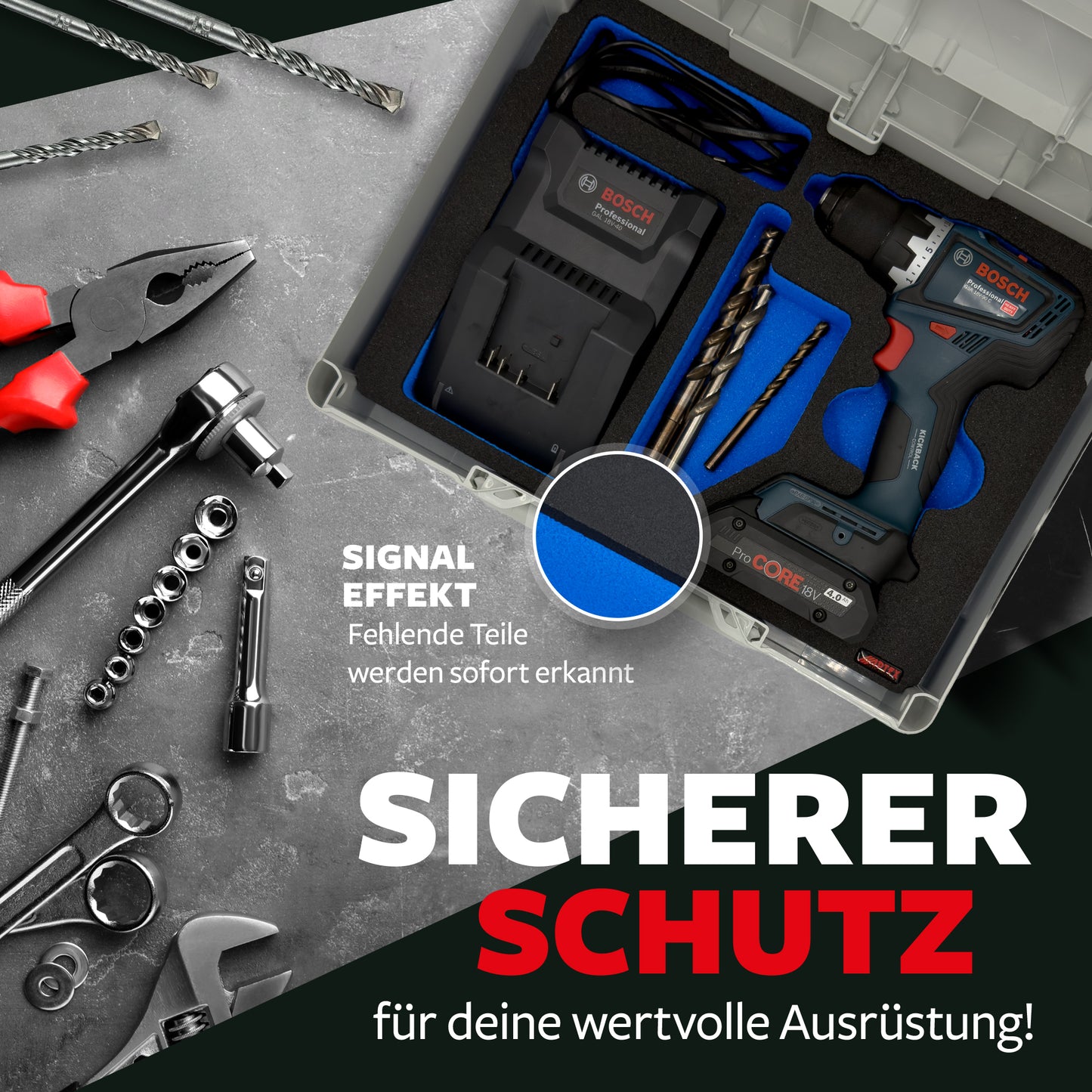 APTEX Bosch GSR 18V-90 C + Ladegerät GAL 18V-40 Einlage für Systainer³ M – Bohrschrauber Schaumeinlage - Made in Germany