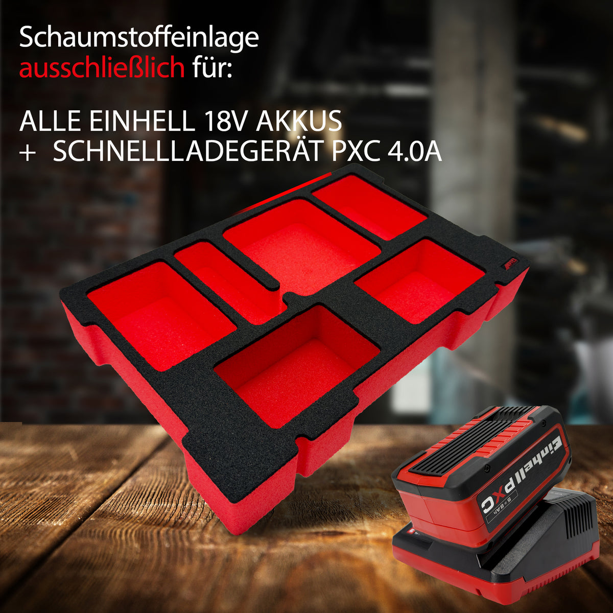 APTEX Einhell Schnellladegerät PXC 4.0A Einlage für E-Case S-F – 18V Akkus und Ladegrät Schaumeinlage – Made in Germany
