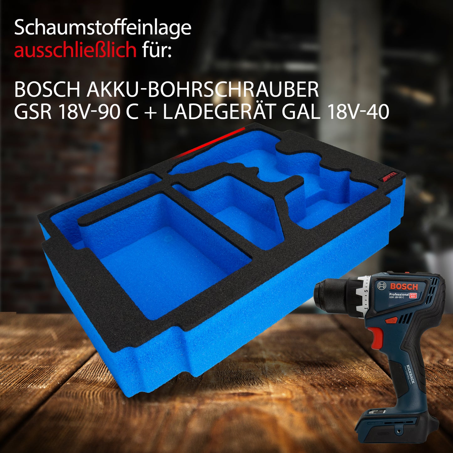 APTEX Bosch GSR 18V-90 C + Ladegerät GAL 18V-40 Einlage für MakPac – Bohrschrauber Schaumeinlage - Made in Germany