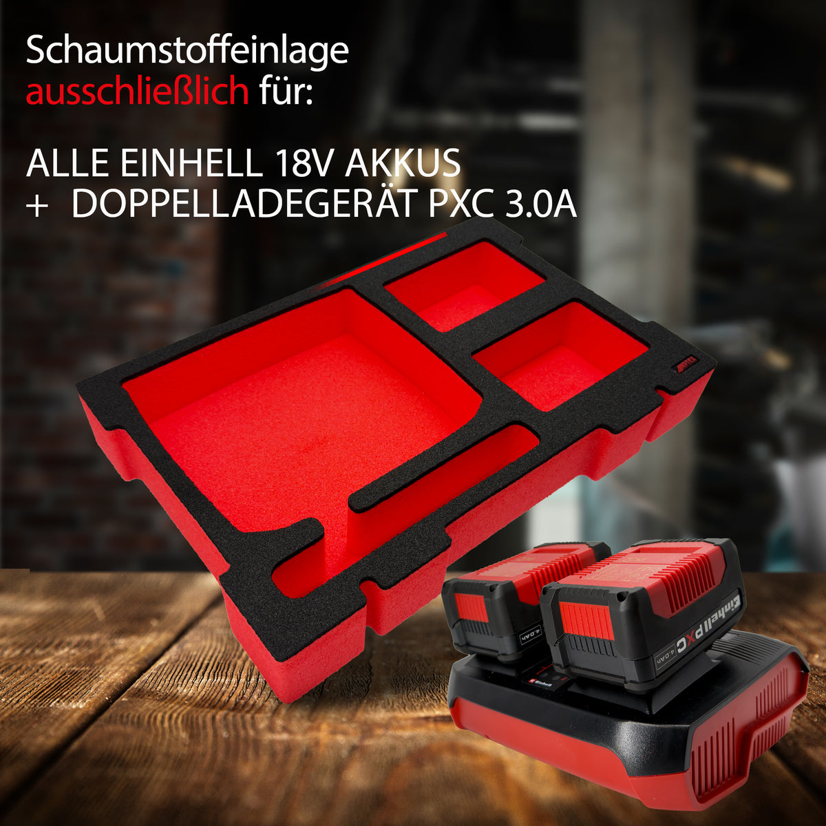 APTEX Einhell Doppelladegerät PXC 3.0A Einlage für E-Case S-F – 18V Akkus und Ladegrät Schaumeinlage – Made in Germany
