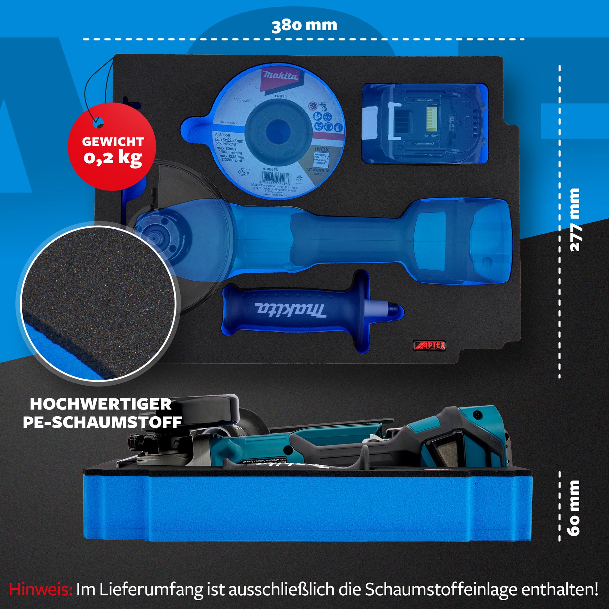 Schaumeinlage für den Makita Akku- Winkelschleifer DGA 411-414, 461-464, 511-514 MakPac Gr. 2-3 - APTEX
