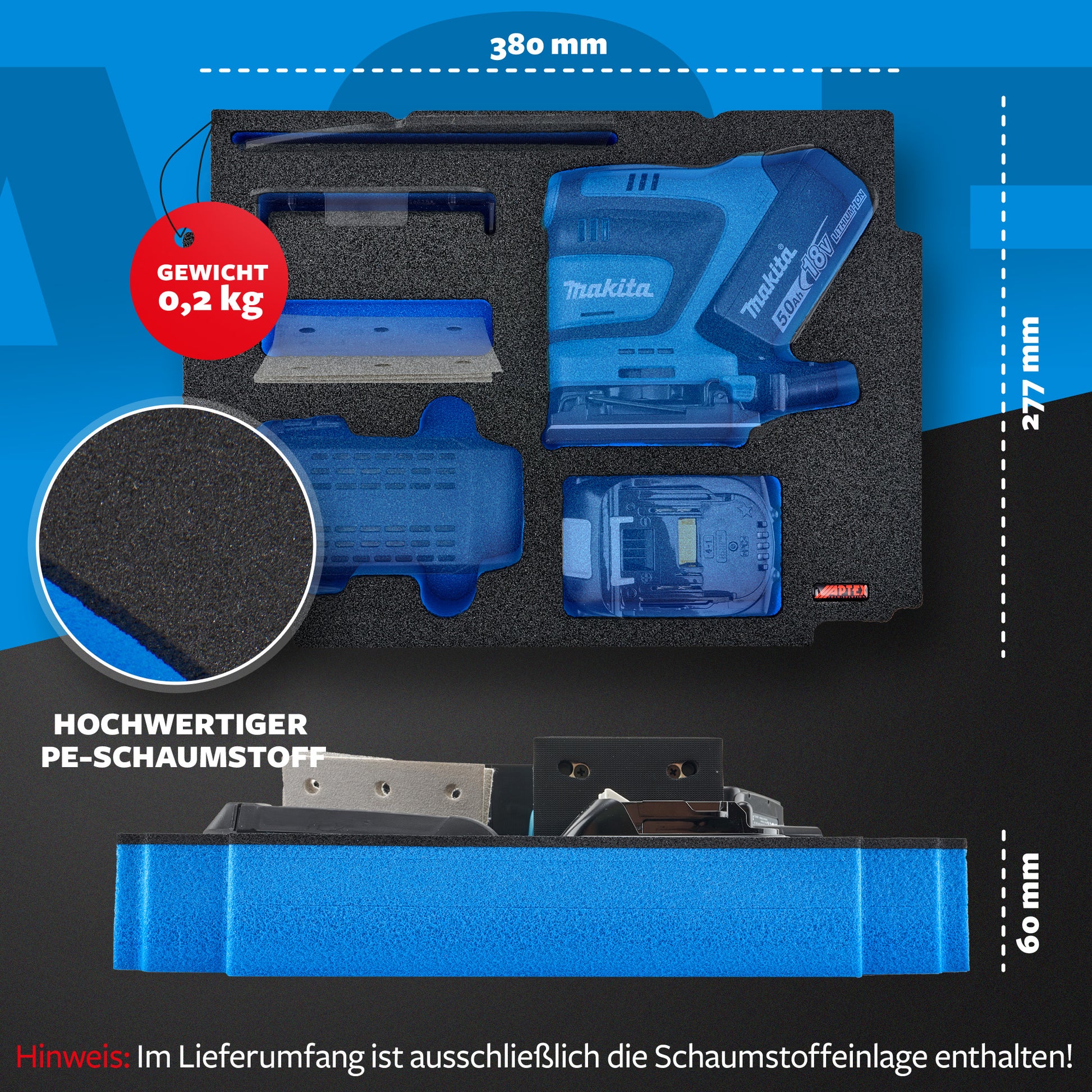 Schaumeinlage für Makita Akku-Schwingschleifer DBO 480-482 für MakPac Gr. 2-3.