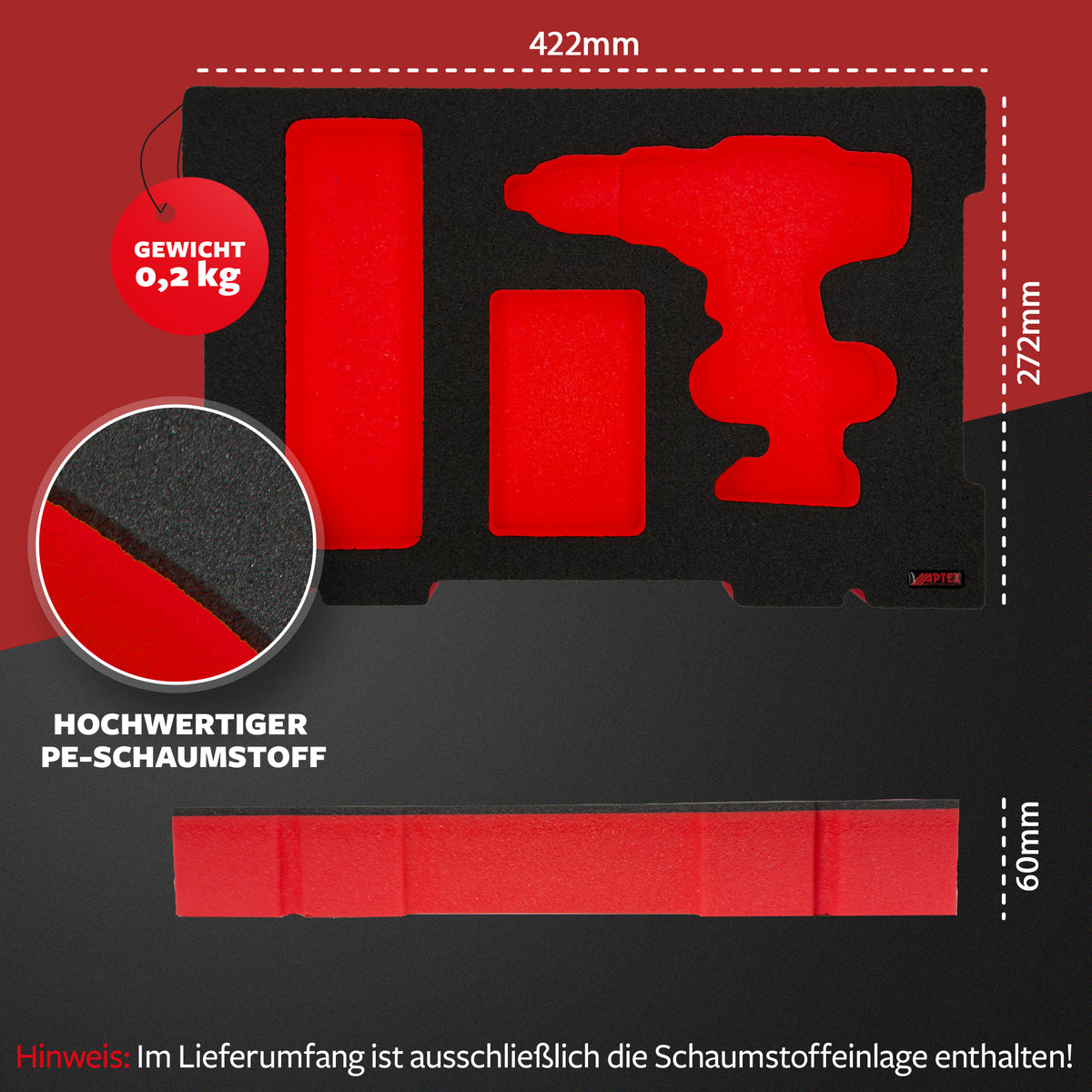 APTEX Einhell TE-CD 18/44 Li-i Einlage für E-Case S-F – Akku-Schlagbohrschrauber Schaumeinlage – Made in Germany