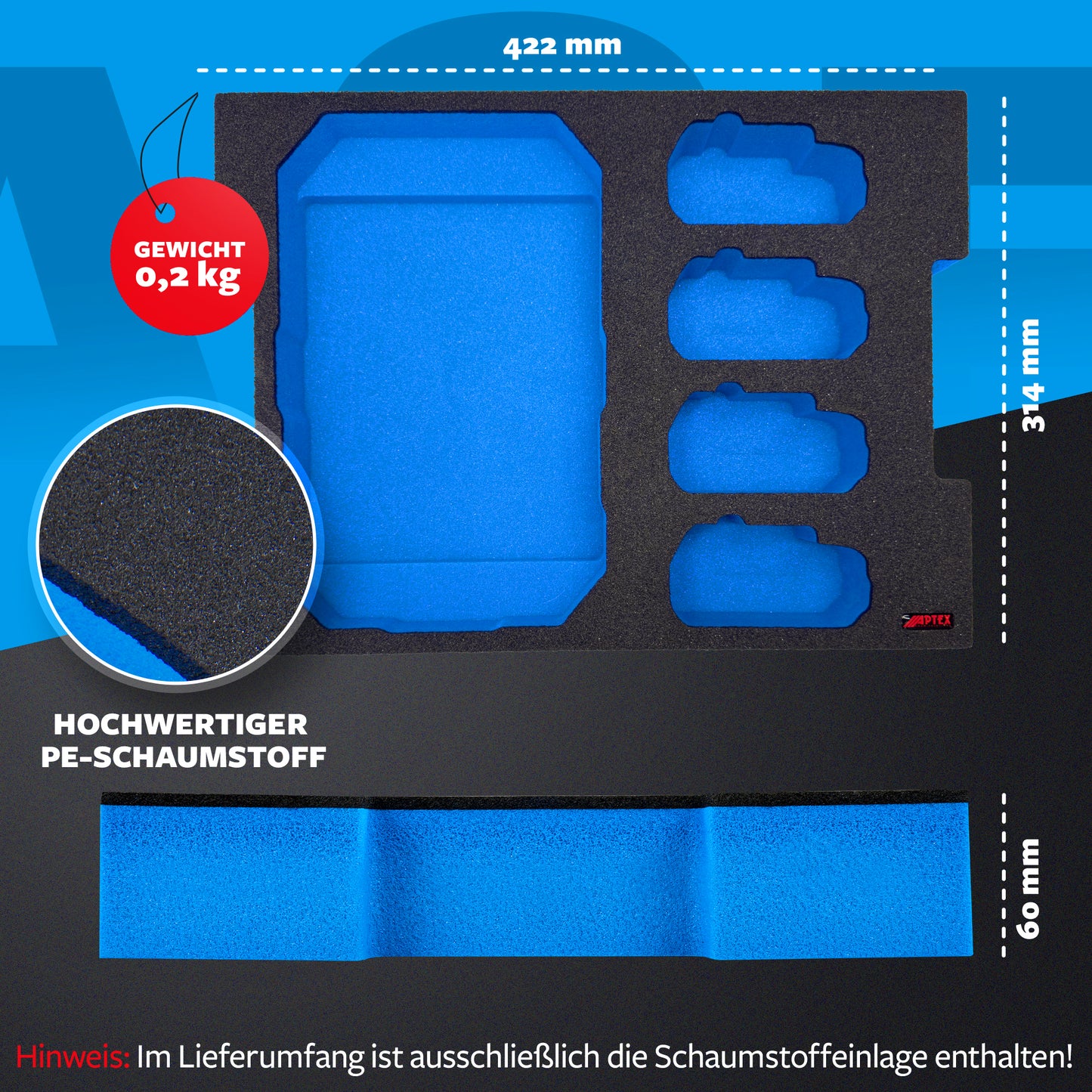 APTEX Bosch GLI 18V-1900 + Akkus 18V GBA Einlage für L-Boxx 136 – Akku-Arbeitsleuchte Schaumeinlage – Made in Germany